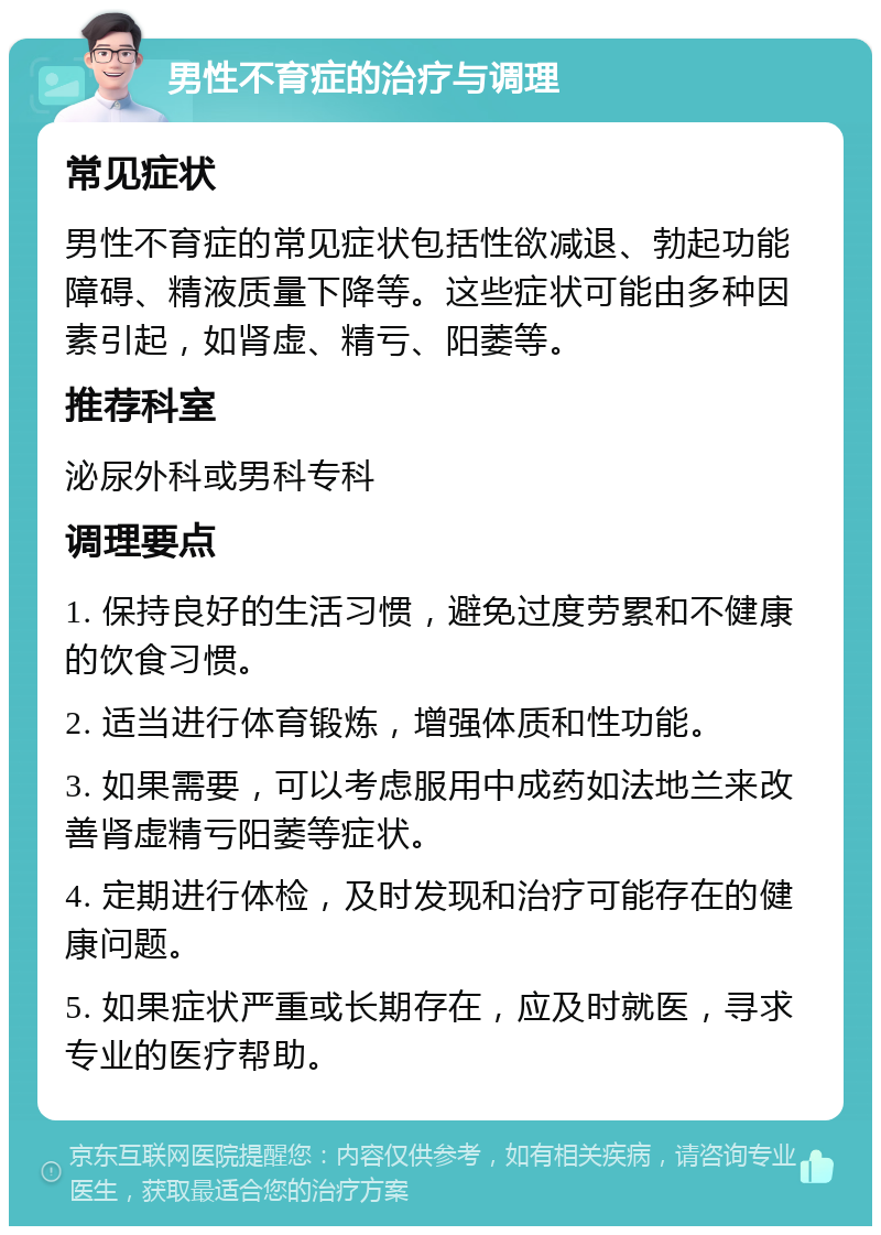 男性不育症的治疗与调理 常见症状 男性不育症的常见症状包括性欲减退、勃起功能障碍、精液质量下降等。这些症状可能由多种因素引起，如肾虚、精亏、阳萎等。 推荐科室 泌尿外科或男科专科 调理要点 1. 保持良好的生活习惯，避免过度劳累和不健康的饮食习惯。 2. 适当进行体育锻炼，增强体质和性功能。 3. 如果需要，可以考虑服用中成药如法地兰来改善肾虚精亏阳萎等症状。 4. 定期进行体检，及时发现和治疗可能存在的健康问题。 5. 如果症状严重或长期存在，应及时就医，寻求专业的医疗帮助。