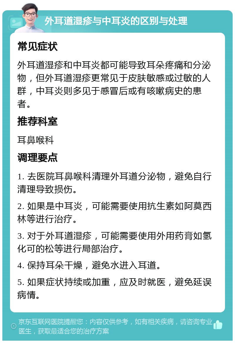 外耳道湿疹与中耳炎的区别与处理 常见症状 外耳道湿疹和中耳炎都可能导致耳朵疼痛和分泌物，但外耳道湿疹更常见于皮肤敏感或过敏的人群，中耳炎则多见于感冒后或有咳嗽病史的患者。 推荐科室 耳鼻喉科 调理要点 1. 去医院耳鼻喉科清理外耳道分泌物，避免自行清理导致损伤。 2. 如果是中耳炎，可能需要使用抗生素如阿莫西林等进行治疗。 3. 对于外耳道湿疹，可能需要使用外用药膏如氢化可的松等进行局部治疗。 4. 保持耳朵干燥，避免水进入耳道。 5. 如果症状持续或加重，应及时就医，避免延误病情。