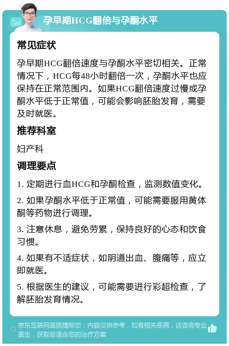 孕早期HCG翻倍与孕酮水平 常见症状 孕早期HCG翻倍速度与孕酮水平密切相关。正常情况下，HCG每48小时翻倍一次，孕酮水平也应保持在正常范围内。如果HCG翻倍速度过慢或孕酮水平低于正常值，可能会影响胚胎发育，需要及时就医。 推荐科室 妇产科 调理要点 1. 定期进行血HCG和孕酮检查，监测数值变化。 2. 如果孕酮水平低于正常值，可能需要服用黄体酮等药物进行调理。 3. 注意休息，避免劳累，保持良好的心态和饮食习惯。 4. 如果有不适症状，如阴道出血、腹痛等，应立即就医。 5. 根据医生的建议，可能需要进行彩超检查，了解胚胎发育情况。