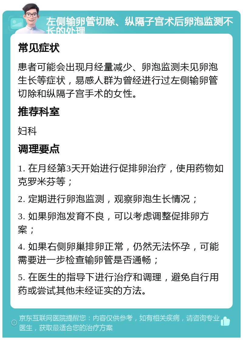 左侧输卵管切除、纵隔子宫术后卵泡监测不长的处理 常见症状 患者可能会出现月经量减少、卵泡监测未见卵泡生长等症状，易感人群为曾经进行过左侧输卵管切除和纵隔子宫手术的女性。 推荐科室 妇科 调理要点 1. 在月经第3天开始进行促排卵治疗，使用药物如克罗米芬等； 2. 定期进行卵泡监测，观察卵泡生长情况； 3. 如果卵泡发育不良，可以考虑调整促排卵方案； 4. 如果右侧卵巢排卵正常，仍然无法怀孕，可能需要进一步检查输卵管是否通畅； 5. 在医生的指导下进行治疗和调理，避免自行用药或尝试其他未经证实的方法。