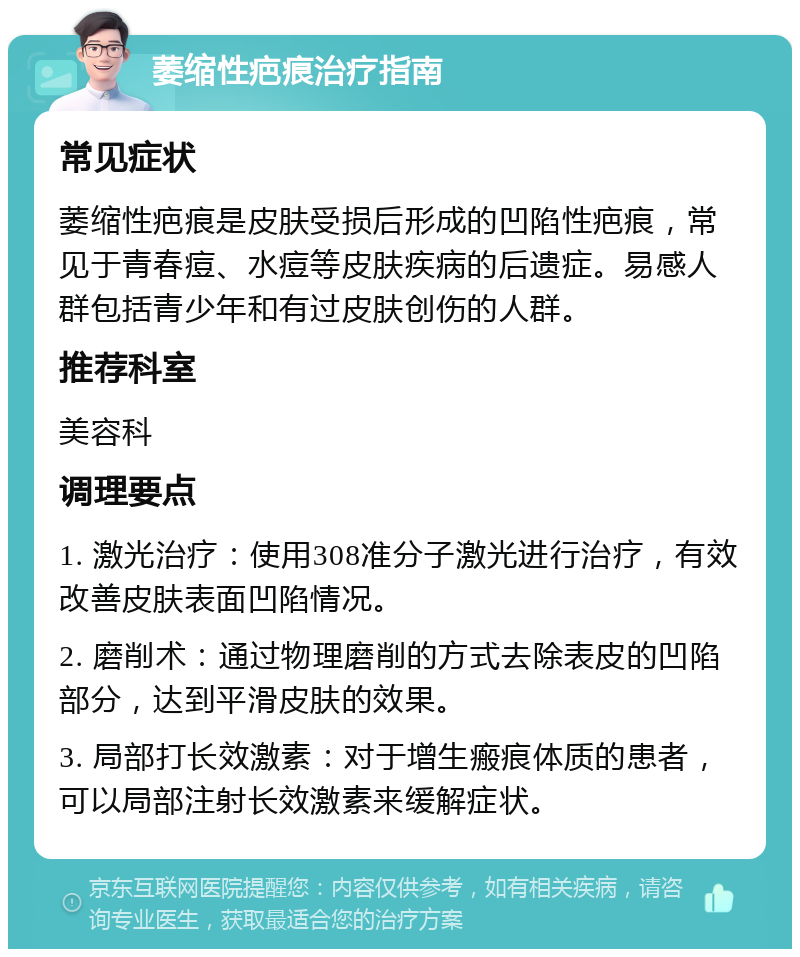 萎缩性疤痕治疗指南 常见症状 萎缩性疤痕是皮肤受损后形成的凹陷性疤痕，常见于青春痘、水痘等皮肤疾病的后遗症。易感人群包括青少年和有过皮肤创伤的人群。 推荐科室 美容科 调理要点 1. 激光治疗：使用308准分子激光进行治疗，有效改善皮肤表面凹陷情况。 2. 磨削术：通过物理磨削的方式去除表皮的凹陷部分，达到平滑皮肤的效果。 3. 局部打长效激素：对于增生瘢痕体质的患者，可以局部注射长效激素来缓解症状。