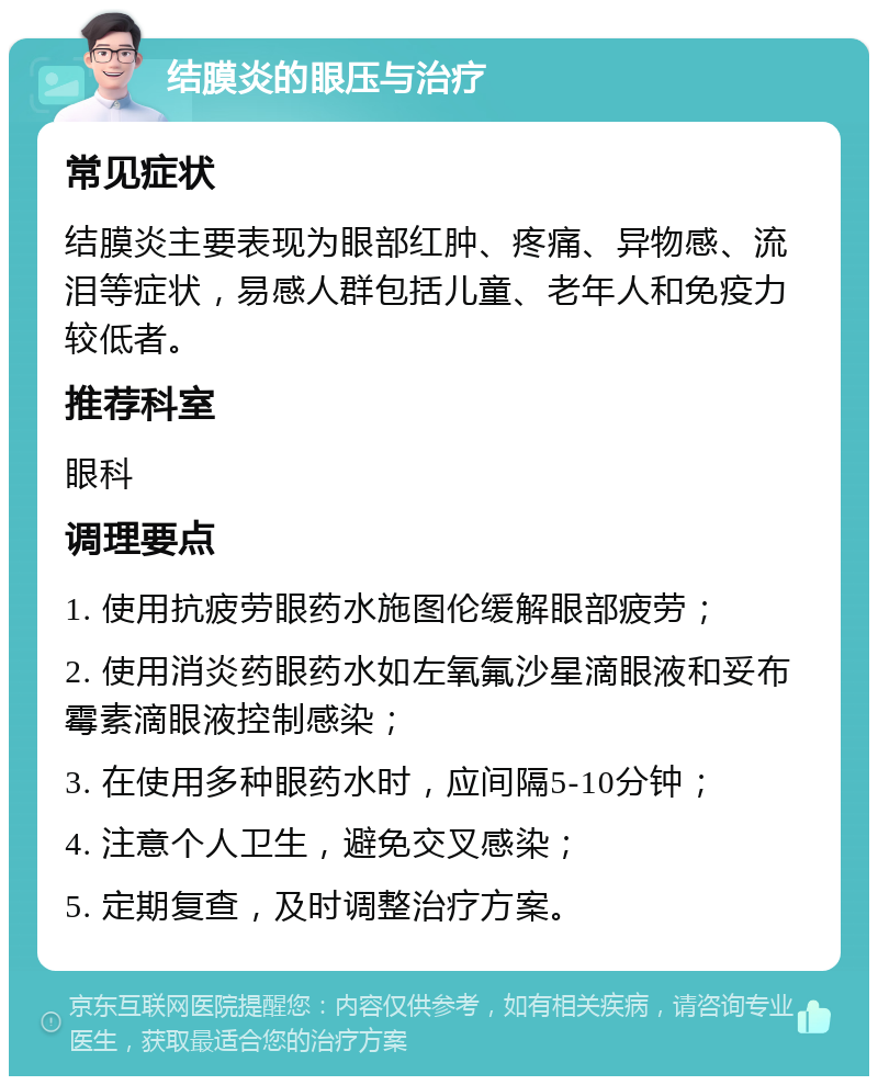 结膜炎的眼压与治疗 常见症状 结膜炎主要表现为眼部红肿、疼痛、异物感、流泪等症状，易感人群包括儿童、老年人和免疫力较低者。 推荐科室 眼科 调理要点 1. 使用抗疲劳眼药水施图伦缓解眼部疲劳； 2. 使用消炎药眼药水如左氧氟沙星滴眼液和妥布霉素滴眼液控制感染； 3. 在使用多种眼药水时，应间隔5-10分钟； 4. 注意个人卫生，避免交叉感染； 5. 定期复查，及时调整治疗方案。