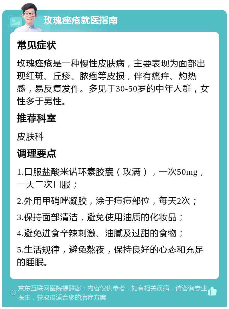 玫瑰痤疮就医指南 常见症状 玫瑰痤疮是一种慢性皮肤病，主要表现为面部出现红斑、丘疹、脓疱等皮损，伴有瘙痒、灼热感，易反复发作。多见于30-50岁的中年人群，女性多于男性。 推荐科室 皮肤科 调理要点 1.口服盐酸米诺环素胶囊（玫满），一次50mg，一天二次口服； 2.外用甲硝唑凝胶，涂于痘痘部位，每天2次； 3.保持面部清洁，避免使用油质的化妆品； 4.避免进食辛辣刺激、油腻及过甜的食物； 5.生活规律，避免熬夜，保持良好的心态和充足的睡眠。