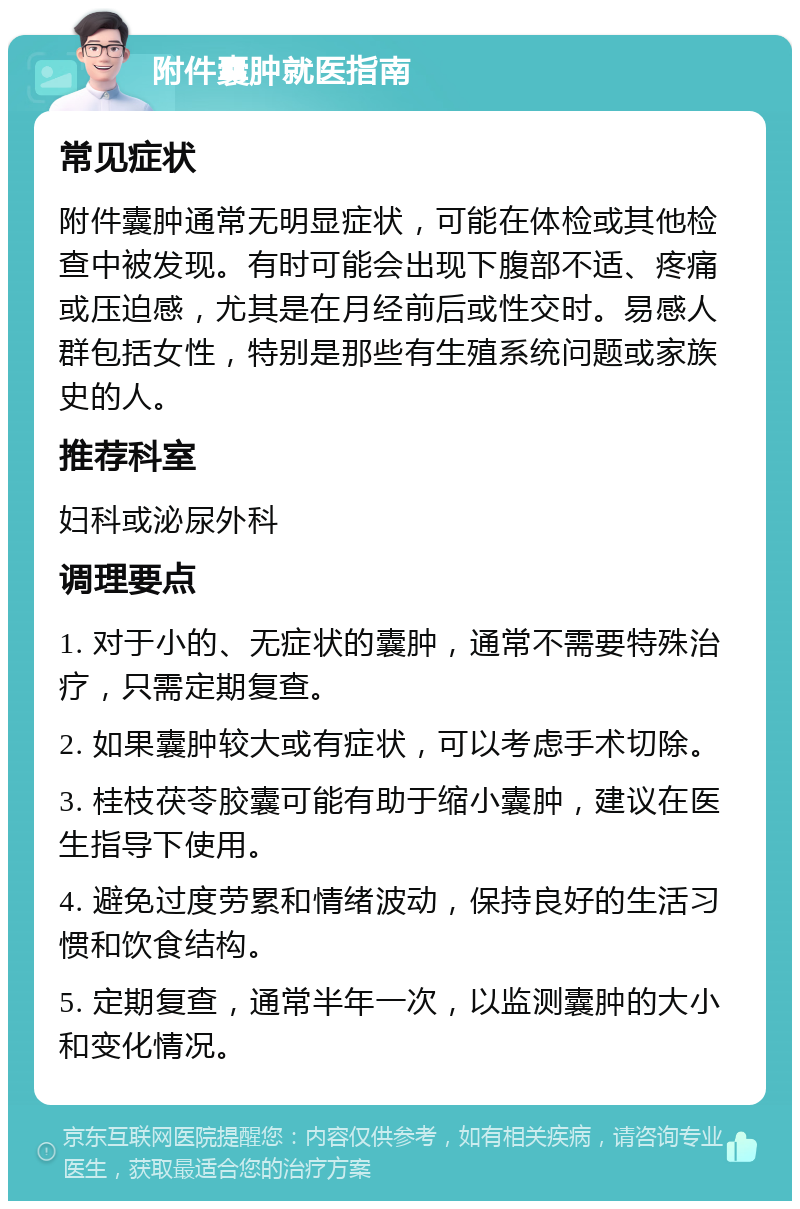 附件囊肿就医指南 常见症状 附件囊肿通常无明显症状，可能在体检或其他检查中被发现。有时可能会出现下腹部不适、疼痛或压迫感，尤其是在月经前后或性交时。易感人群包括女性，特别是那些有生殖系统问题或家族史的人。 推荐科室 妇科或泌尿外科 调理要点 1. 对于小的、无症状的囊肿，通常不需要特殊治疗，只需定期复查。 2. 如果囊肿较大或有症状，可以考虑手术切除。 3. 桂枝茯苓胶囊可能有助于缩小囊肿，建议在医生指导下使用。 4. 避免过度劳累和情绪波动，保持良好的生活习惯和饮食结构。 5. 定期复查，通常半年一次，以监测囊肿的大小和变化情况。