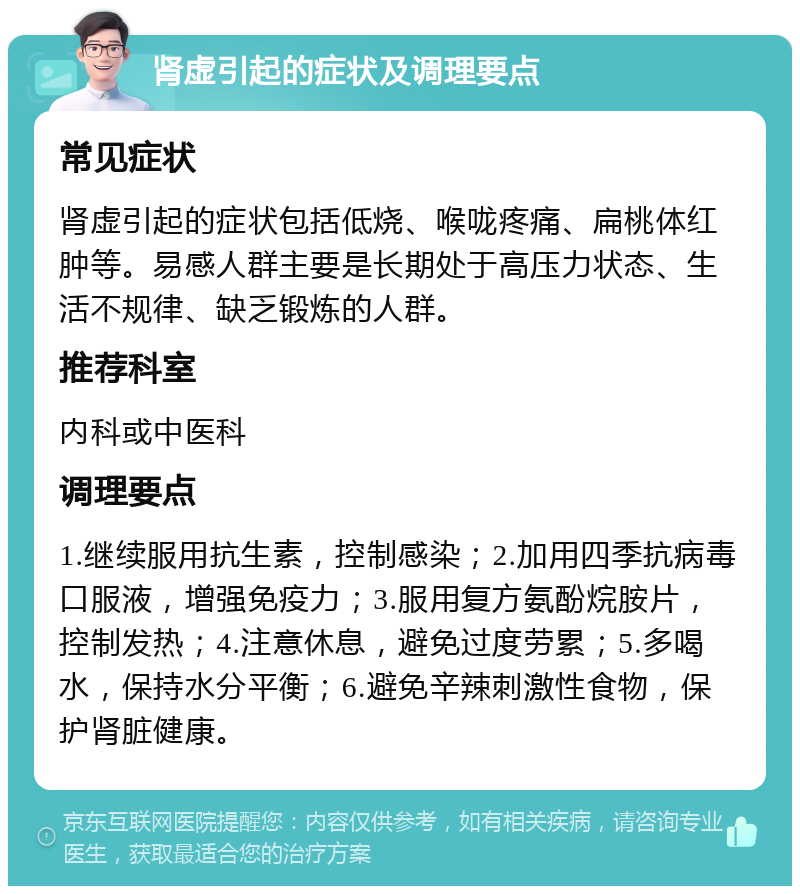 肾虚引起的症状及调理要点 常见症状 肾虚引起的症状包括低烧、喉咙疼痛、扁桃体红肿等。易感人群主要是长期处于高压力状态、生活不规律、缺乏锻炼的人群。 推荐科室 内科或中医科 调理要点 1.继续服用抗生素，控制感染；2.加用四季抗病毒口服液，增强免疫力；3.服用复方氨酚烷胺片，控制发热；4.注意休息，避免过度劳累；5.多喝水，保持水分平衡；6.避免辛辣刺激性食物，保护肾脏健康。