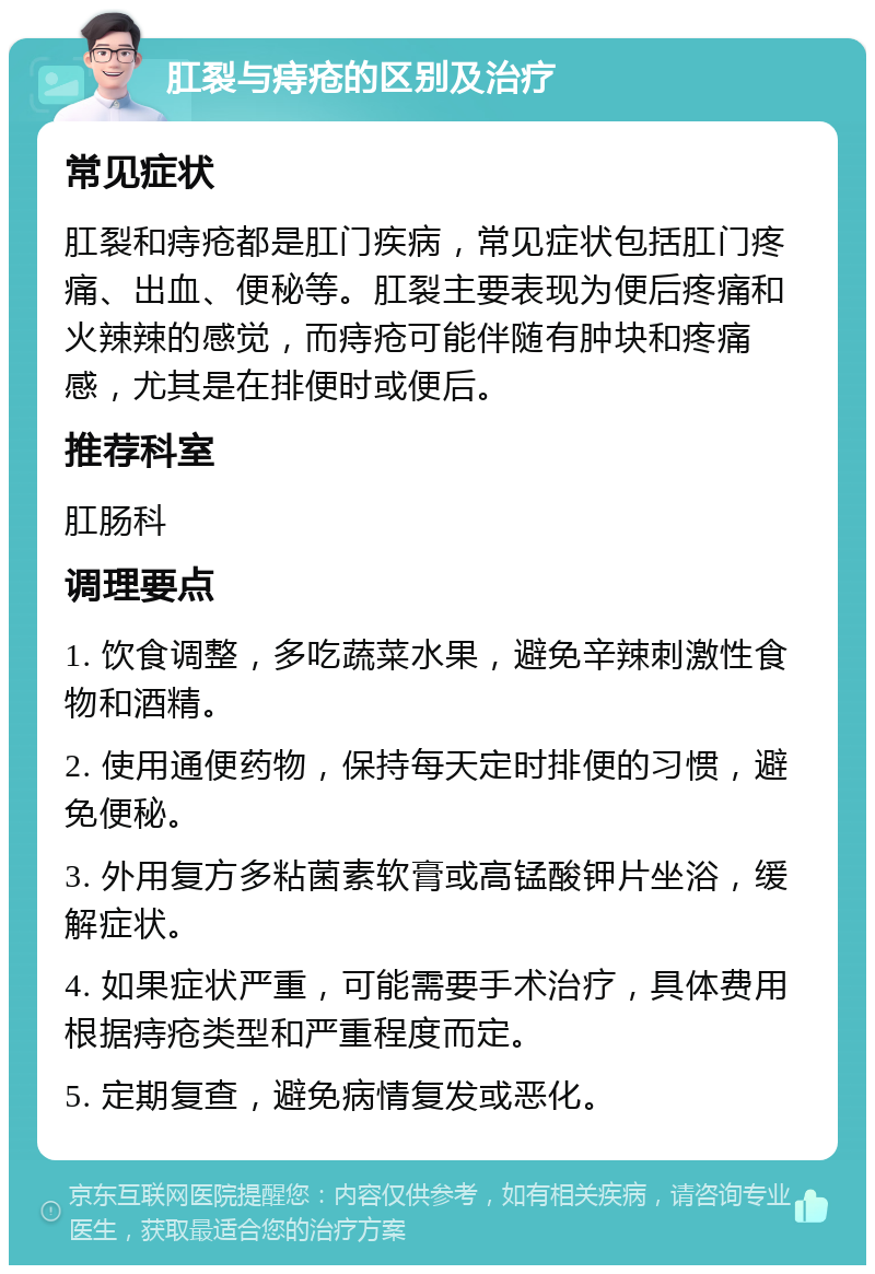 肛裂与痔疮的区别及治疗 常见症状 肛裂和痔疮都是肛门疾病，常见症状包括肛门疼痛、出血、便秘等。肛裂主要表现为便后疼痛和火辣辣的感觉，而痔疮可能伴随有肿块和疼痛感，尤其是在排便时或便后。 推荐科室 肛肠科 调理要点 1. 饮食调整，多吃蔬菜水果，避免辛辣刺激性食物和酒精。 2. 使用通便药物，保持每天定时排便的习惯，避免便秘。 3. 外用复方多粘菌素软膏或高锰酸钾片坐浴，缓解症状。 4. 如果症状严重，可能需要手术治疗，具体费用根据痔疮类型和严重程度而定。 5. 定期复查，避免病情复发或恶化。