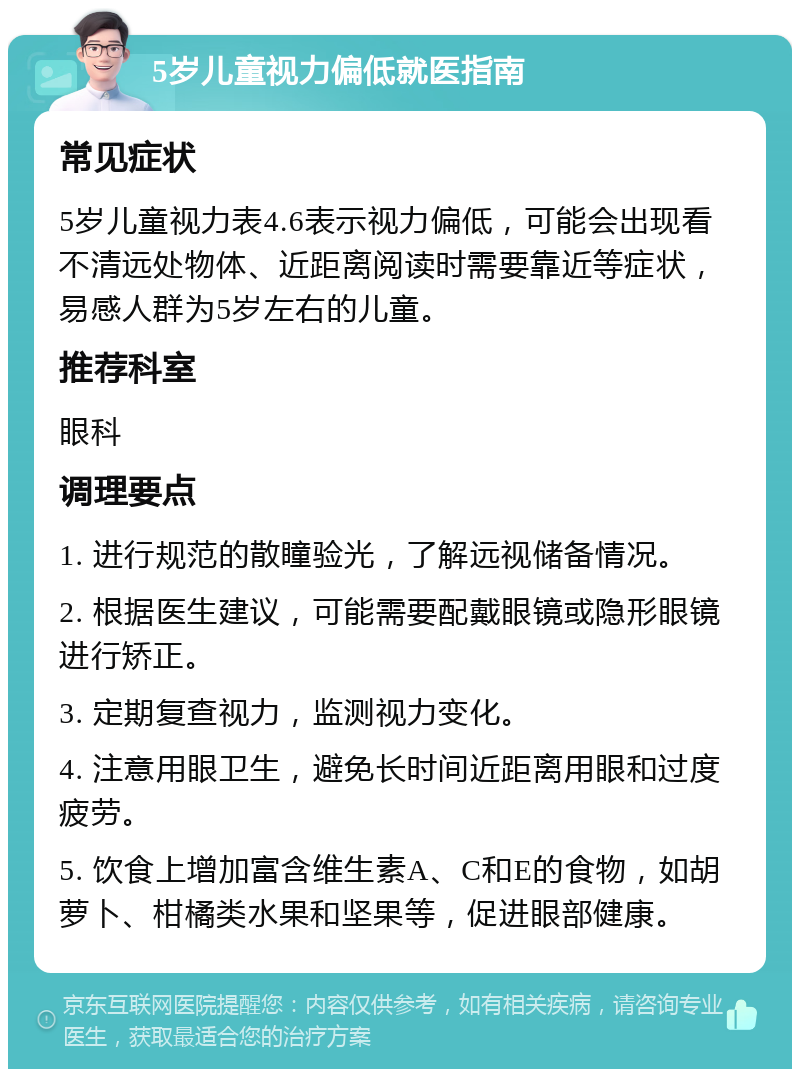 5岁儿童视力偏低就医指南 常见症状 5岁儿童视力表4.6表示视力偏低，可能会出现看不清远处物体、近距离阅读时需要靠近等症状，易感人群为5岁左右的儿童。 推荐科室 眼科 调理要点 1. 进行规范的散瞳验光，了解远视储备情况。 2. 根据医生建议，可能需要配戴眼镜或隐形眼镜进行矫正。 3. 定期复查视力，监测视力变化。 4. 注意用眼卫生，避免长时间近距离用眼和过度疲劳。 5. 饮食上增加富含维生素A、C和E的食物，如胡萝卜、柑橘类水果和坚果等，促进眼部健康。