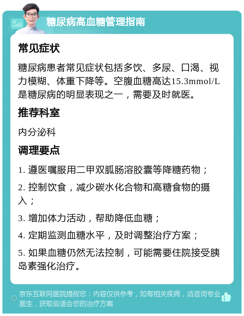 糖尿病高血糖管理指南 常见症状 糖尿病患者常见症状包括多饮、多尿、口渴、视力模糊、体重下降等。空腹血糖高达15.3mmol/L是糖尿病的明显表现之一，需要及时就医。 推荐科室 内分泌科 调理要点 1. 遵医嘱服用二甲双胍肠溶胶囊等降糖药物； 2. 控制饮食，减少碳水化合物和高糖食物的摄入； 3. 增加体力活动，帮助降低血糖； 4. 定期监测血糖水平，及时调整治疗方案； 5. 如果血糖仍然无法控制，可能需要住院接受胰岛素强化治疗。