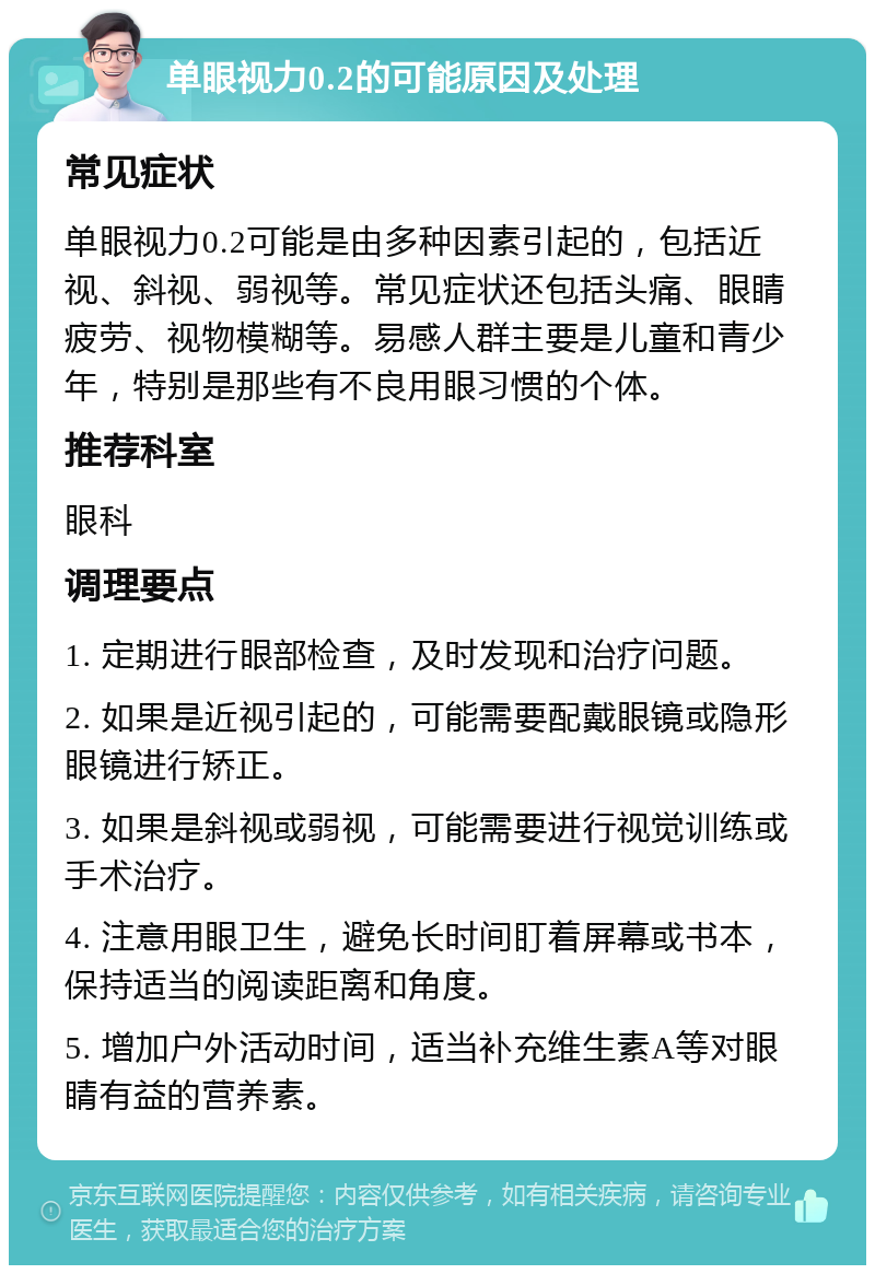 单眼视力0.2的可能原因及处理 常见症状 单眼视力0.2可能是由多种因素引起的，包括近视、斜视、弱视等。常见症状还包括头痛、眼睛疲劳、视物模糊等。易感人群主要是儿童和青少年，特别是那些有不良用眼习惯的个体。 推荐科室 眼科 调理要点 1. 定期进行眼部检查，及时发现和治疗问题。 2. 如果是近视引起的，可能需要配戴眼镜或隐形眼镜进行矫正。 3. 如果是斜视或弱视，可能需要进行视觉训练或手术治疗。 4. 注意用眼卫生，避免长时间盯着屏幕或书本，保持适当的阅读距离和角度。 5. 增加户外活动时间，适当补充维生素A等对眼睛有益的营养素。