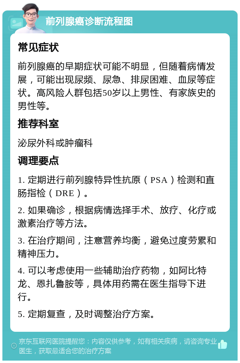 前列腺癌诊断流程图 常见症状 前列腺癌的早期症状可能不明显，但随着病情发展，可能出现尿频、尿急、排尿困难、血尿等症状。高风险人群包括50岁以上男性、有家族史的男性等。 推荐科室 泌尿外科或肿瘤科 调理要点 1. 定期进行前列腺特异性抗原（PSA）检测和直肠指检（DRE）。 2. 如果确诊，根据病情选择手术、放疗、化疗或激素治疗等方法。 3. 在治疗期间，注意营养均衡，避免过度劳累和精神压力。 4. 可以考虑使用一些辅助治疗药物，如阿比特龙、恩扎鲁胺等，具体用药需在医生指导下进行。 5. 定期复查，及时调整治疗方案。