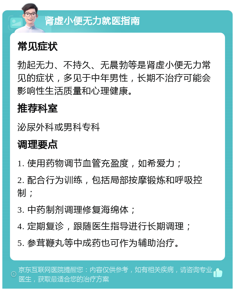 肾虚小便无力就医指南 常见症状 勃起无力、不持久、无晨勃等是肾虚小便无力常见的症状，多见于中年男性，长期不治疗可能会影响性生活质量和心理健康。 推荐科室 泌尿外科或男科专科 调理要点 1. 使用药物调节血管充盈度，如希爱力； 2. 配合行为训练，包括局部按摩锻炼和呼吸控制； 3. 中药制剂调理修复海绵体； 4. 定期复诊，跟随医生指导进行长期调理； 5. 参茸鞭丸等中成药也可作为辅助治疗。