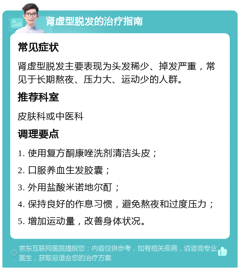 肾虚型脱发的治疗指南 常见症状 肾虚型脱发主要表现为头发稀少、掉发严重，常见于长期熬夜、压力大、运动少的人群。 推荐科室 皮肤科或中医科 调理要点 1. 使用复方酮康唑洗剂清洁头皮； 2. 口服养血生发胶囊； 3. 外用盐酸米诺地尔酊； 4. 保持良好的作息习惯，避免熬夜和过度压力； 5. 增加运动量，改善身体状况。