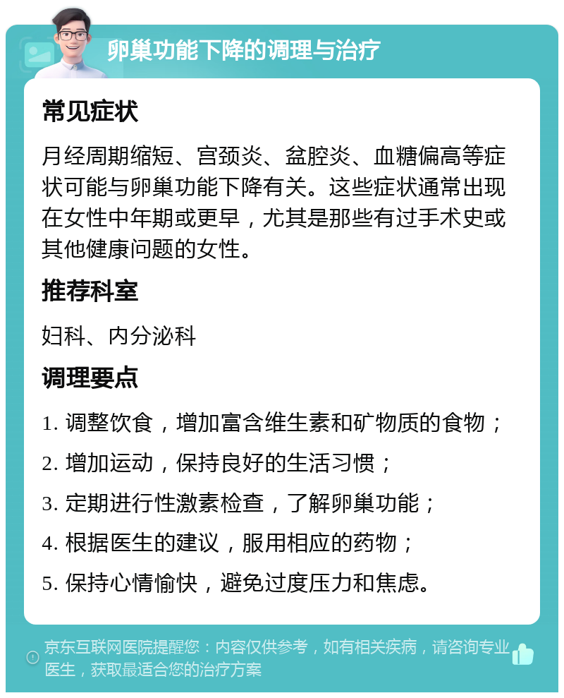 卵巢功能下降的调理与治疗 常见症状 月经周期缩短、宫颈炎、盆腔炎、血糖偏高等症状可能与卵巢功能下降有关。这些症状通常出现在女性中年期或更早，尤其是那些有过手术史或其他健康问题的女性。 推荐科室 妇科、内分泌科 调理要点 1. 调整饮食，增加富含维生素和矿物质的食物； 2. 增加运动，保持良好的生活习惯； 3. 定期进行性激素检查，了解卵巢功能； 4. 根据医生的建议，服用相应的药物； 5. 保持心情愉快，避免过度压力和焦虑。