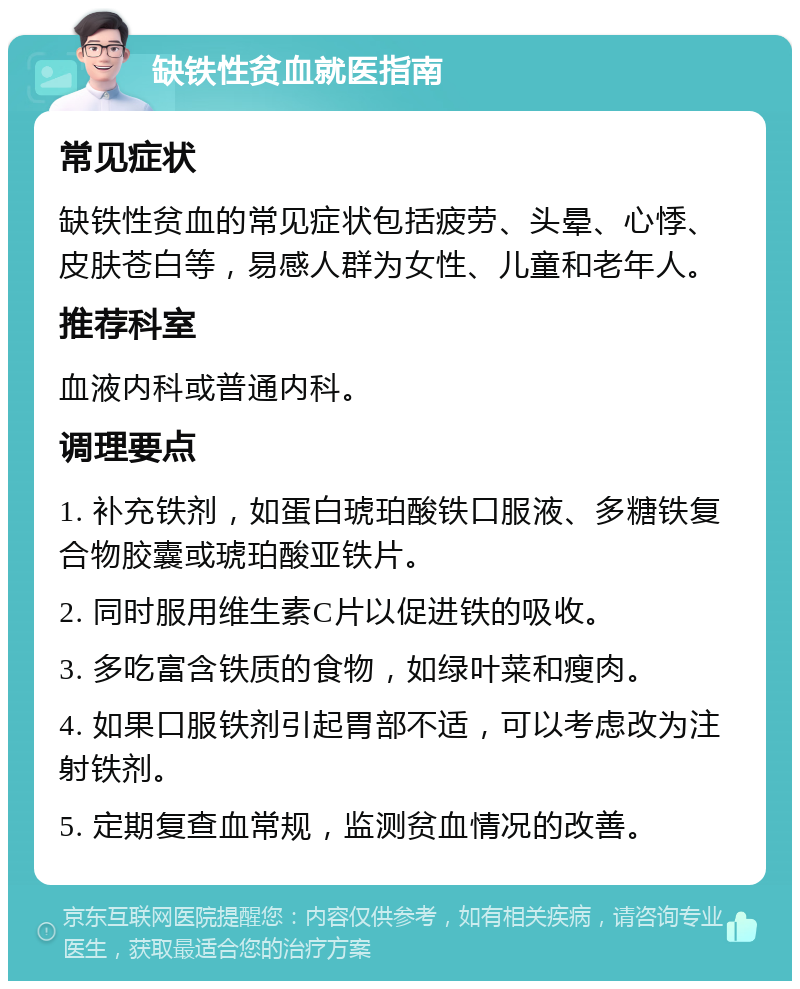 缺铁性贫血就医指南 常见症状 缺铁性贫血的常见症状包括疲劳、头晕、心悸、皮肤苍白等，易感人群为女性、儿童和老年人。 推荐科室 血液内科或普通内科。 调理要点 1. 补充铁剂，如蛋白琥珀酸铁口服液、多糖铁复合物胶囊或琥珀酸亚铁片。 2. 同时服用维生素C片以促进铁的吸收。 3. 多吃富含铁质的食物，如绿叶菜和瘦肉。 4. 如果口服铁剂引起胃部不适，可以考虑改为注射铁剂。 5. 定期复查血常规，监测贫血情况的改善。