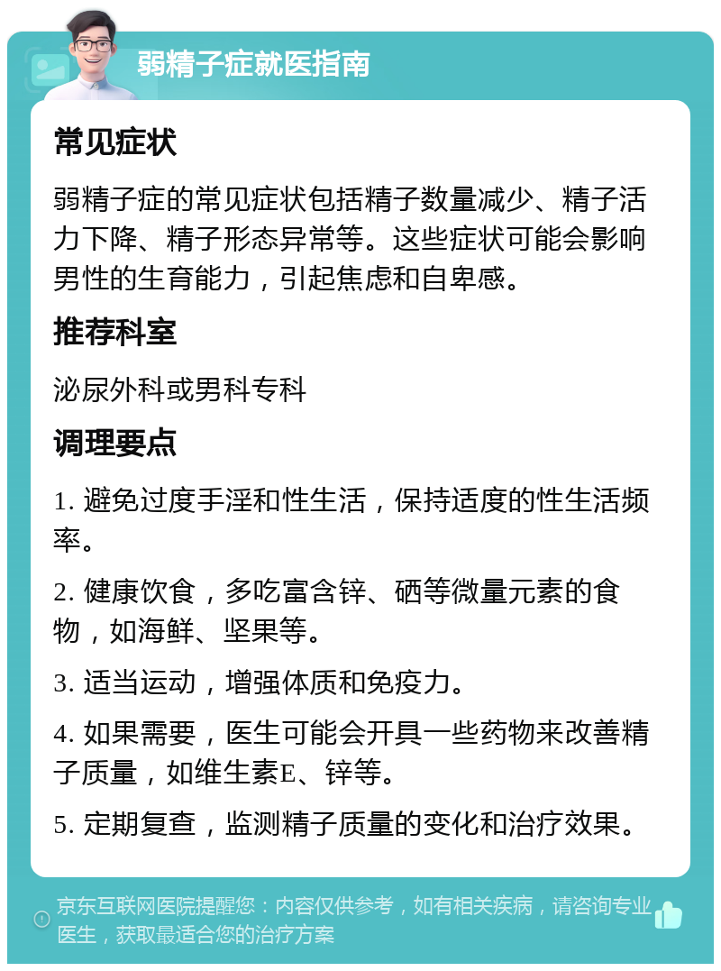 弱精子症就医指南 常见症状 弱精子症的常见症状包括精子数量减少、精子活力下降、精子形态异常等。这些症状可能会影响男性的生育能力，引起焦虑和自卑感。 推荐科室 泌尿外科或男科专科 调理要点 1. 避免过度手淫和性生活，保持适度的性生活频率。 2. 健康饮食，多吃富含锌、硒等微量元素的食物，如海鲜、坚果等。 3. 适当运动，增强体质和免疫力。 4. 如果需要，医生可能会开具一些药物来改善精子质量，如维生素E、锌等。 5. 定期复查，监测精子质量的变化和治疗效果。