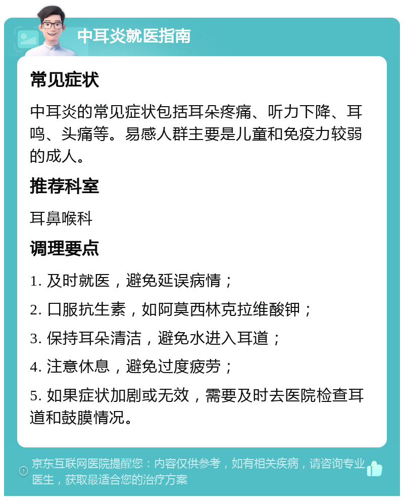 中耳炎就医指南 常见症状 中耳炎的常见症状包括耳朵疼痛、听力下降、耳鸣、头痛等。易感人群主要是儿童和免疫力较弱的成人。 推荐科室 耳鼻喉科 调理要点 1. 及时就医，避免延误病情； 2. 口服抗生素，如阿莫西林克拉维酸钾； 3. 保持耳朵清洁，避免水进入耳道； 4. 注意休息，避免过度疲劳； 5. 如果症状加剧或无效，需要及时去医院检查耳道和鼓膜情况。