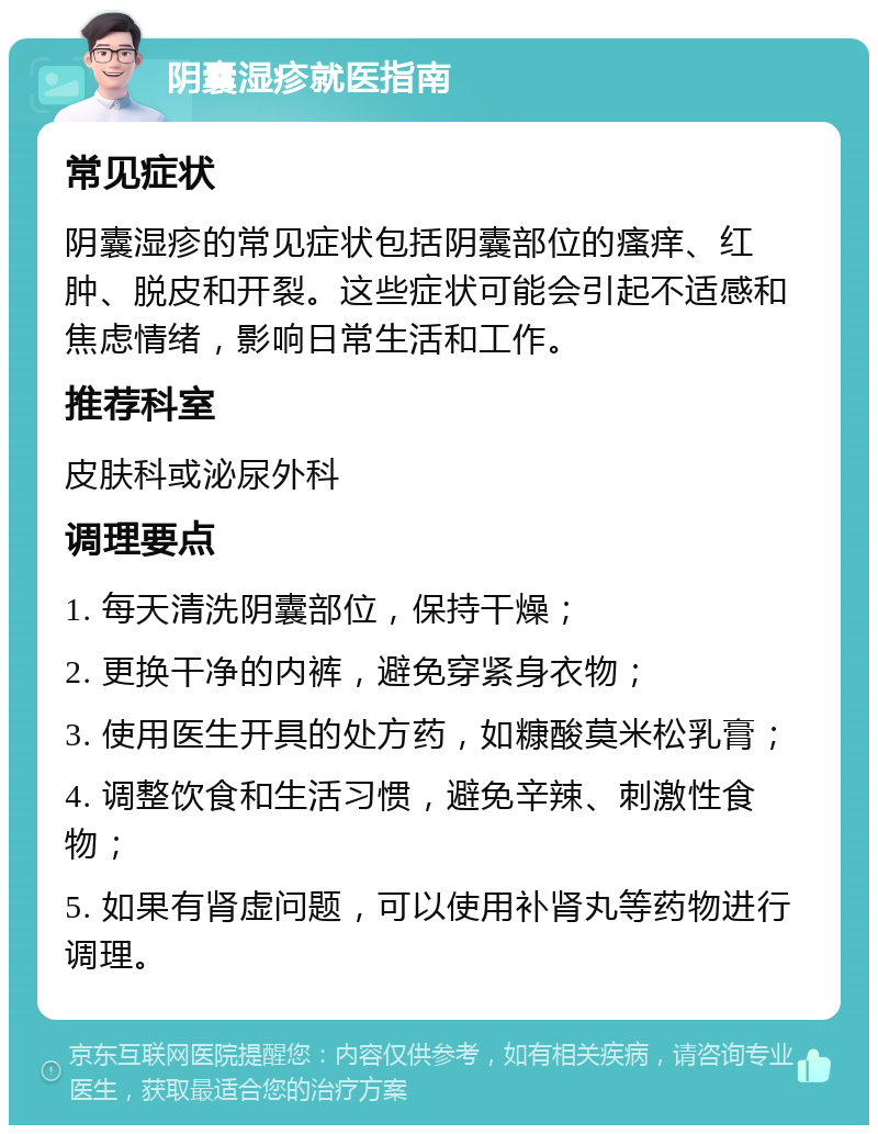 阴囊湿疹就医指南 常见症状 阴囊湿疹的常见症状包括阴囊部位的瘙痒、红肿、脱皮和开裂。这些症状可能会引起不适感和焦虑情绪，影响日常生活和工作。 推荐科室 皮肤科或泌尿外科 调理要点 1. 每天清洗阴囊部位，保持干燥； 2. 更换干净的内裤，避免穿紧身衣物； 3. 使用医生开具的处方药，如糠酸莫米松乳膏； 4. 调整饮食和生活习惯，避免辛辣、刺激性食物； 5. 如果有肾虚问题，可以使用补肾丸等药物进行调理。