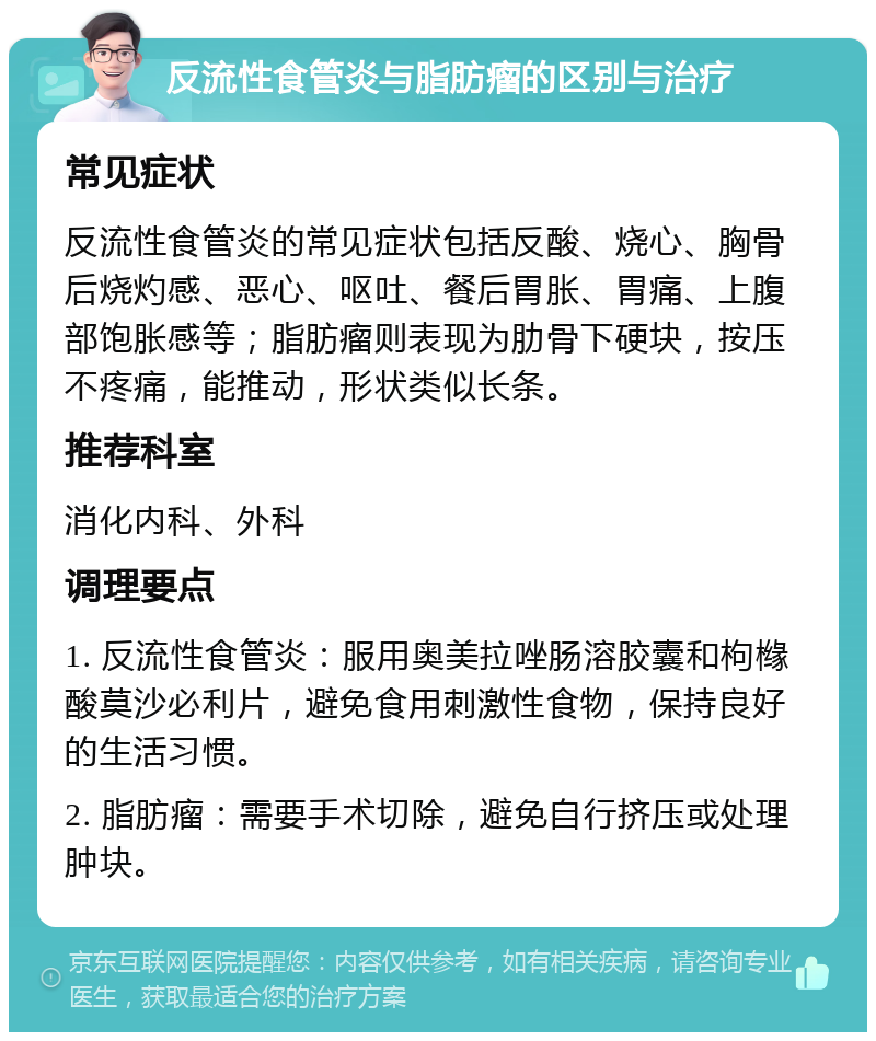 反流性食管炎与脂肪瘤的区别与治疗 常见症状 反流性食管炎的常见症状包括反酸、烧心、胸骨后烧灼感、恶心、呕吐、餐后胃胀、胃痛、上腹部饱胀感等；脂肪瘤则表现为肋骨下硬块，按压不疼痛，能推动，形状类似长条。 推荐科室 消化内科、外科 调理要点 1. 反流性食管炎：服用奥美拉唑肠溶胶囊和枸橼酸莫沙必利片，避免食用刺激性食物，保持良好的生活习惯。 2. 脂肪瘤：需要手术切除，避免自行挤压或处理肿块。