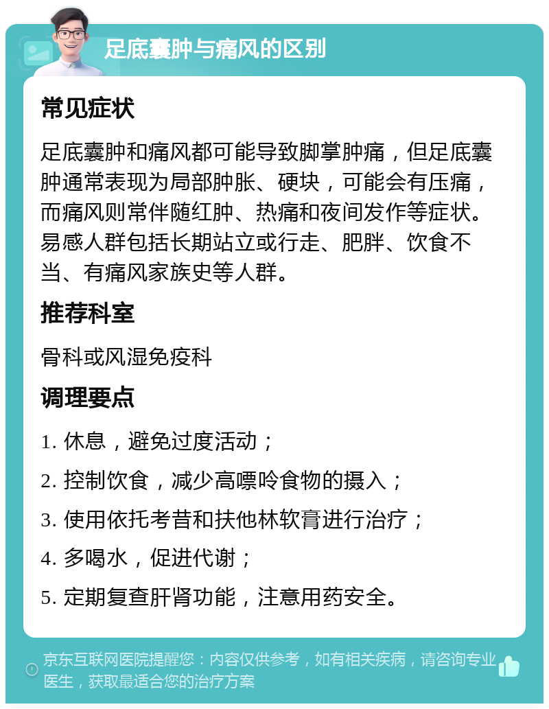 足底囊肿与痛风的区别 常见症状 足底囊肿和痛风都可能导致脚掌肿痛，但足底囊肿通常表现为局部肿胀、硬块，可能会有压痛，而痛风则常伴随红肿、热痛和夜间发作等症状。易感人群包括长期站立或行走、肥胖、饮食不当、有痛风家族史等人群。 推荐科室 骨科或风湿免疫科 调理要点 1. 休息，避免过度活动； 2. 控制饮食，减少高嘌呤食物的摄入； 3. 使用依托考昔和扶他林软膏进行治疗； 4. 多喝水，促进代谢； 5. 定期复查肝肾功能，注意用药安全。