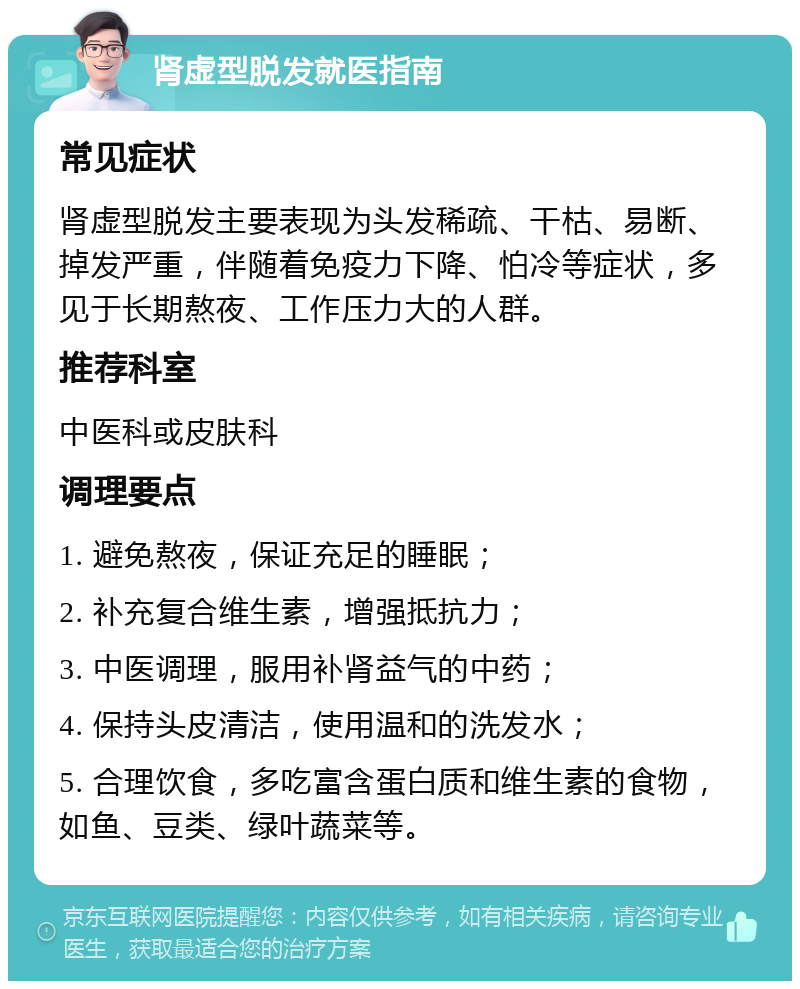 肾虚型脱发就医指南 常见症状 肾虚型脱发主要表现为头发稀疏、干枯、易断、掉发严重，伴随着免疫力下降、怕冷等症状，多见于长期熬夜、工作压力大的人群。 推荐科室 中医科或皮肤科 调理要点 1. 避免熬夜，保证充足的睡眠； 2. 补充复合维生素，增强抵抗力； 3. 中医调理，服用补肾益气的中药； 4. 保持头皮清洁，使用温和的洗发水； 5. 合理饮食，多吃富含蛋白质和维生素的食物，如鱼、豆类、绿叶蔬菜等。