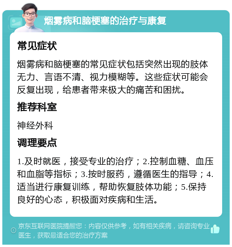 烟雾病和脑梗塞的治疗与康复 常见症状 烟雾病和脑梗塞的常见症状包括突然出现的肢体无力、言语不清、视力模糊等。这些症状可能会反复出现，给患者带来极大的痛苦和困扰。 推荐科室 神经外科 调理要点 1.及时就医，接受专业的治疗；2.控制血糖、血压和血脂等指标；3.按时服药，遵循医生的指导；4.适当进行康复训练，帮助恢复肢体功能；5.保持良好的心态，积极面对疾病和生活。