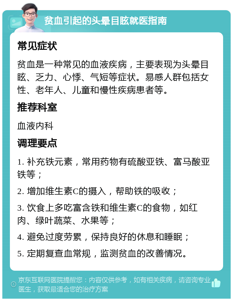 贫血引起的头晕目眩就医指南 常见症状 贫血是一种常见的血液疾病，主要表现为头晕目眩、乏力、心悸、气短等症状。易感人群包括女性、老年人、儿童和慢性疾病患者等。 推荐科室 血液内科 调理要点 1. 补充铁元素，常用药物有硫酸亚铁、富马酸亚铁等； 2. 增加维生素C的摄入，帮助铁的吸收； 3. 饮食上多吃富含铁和维生素C的食物，如红肉、绿叶蔬菜、水果等； 4. 避免过度劳累，保持良好的休息和睡眠； 5. 定期复查血常规，监测贫血的改善情况。