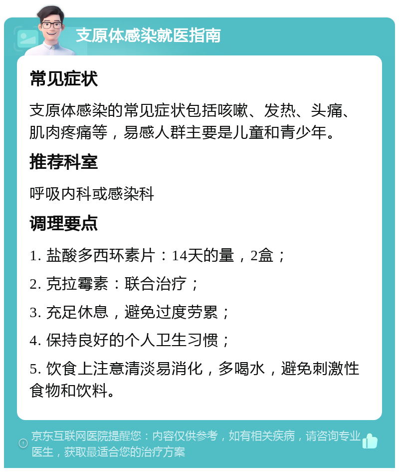 支原体感染就医指南 常见症状 支原体感染的常见症状包括咳嗽、发热、头痛、肌肉疼痛等，易感人群主要是儿童和青少年。 推荐科室 呼吸内科或感染科 调理要点 1. 盐酸多西环素片：14天的量，2盒； 2. 克拉霉素：联合治疗； 3. 充足休息，避免过度劳累； 4. 保持良好的个人卫生习惯； 5. 饮食上注意清淡易消化，多喝水，避免刺激性食物和饮料。