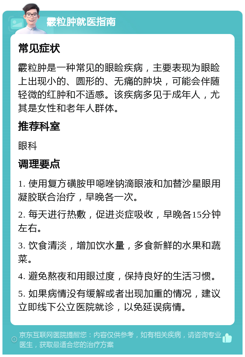 霰粒肿就医指南 常见症状 霰粒肿是一种常见的眼睑疾病，主要表现为眼睑上出现小的、圆形的、无痛的肿块，可能会伴随轻微的红肿和不适感。该疾病多见于成年人，尤其是女性和老年人群体。 推荐科室 眼科 调理要点 1. 使用复方磺胺甲噁唑钠滴眼液和加替沙星眼用凝胶联合治疗，早晚各一次。 2. 每天进行热敷，促进炎症吸收，早晚各15分钟左右。 3. 饮食清淡，增加饮水量，多食新鲜的水果和蔬菜。 4. 避免熬夜和用眼过度，保持良好的生活习惯。 5. 如果病情没有缓解或者出现加重的情况，建议立即线下公立医院就诊，以免延误病情。