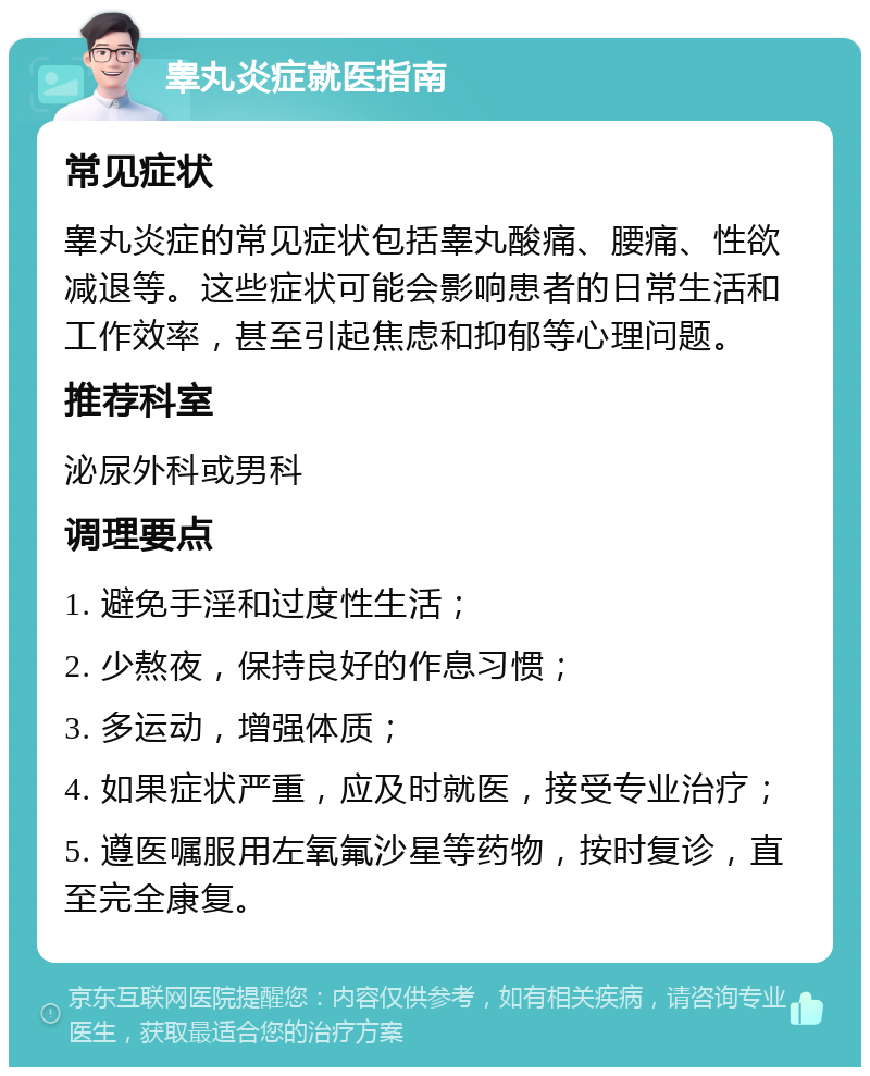 睾丸炎症就医指南 常见症状 睾丸炎症的常见症状包括睾丸酸痛、腰痛、性欲减退等。这些症状可能会影响患者的日常生活和工作效率，甚至引起焦虑和抑郁等心理问题。 推荐科室 泌尿外科或男科 调理要点 1. 避免手淫和过度性生活； 2. 少熬夜，保持良好的作息习惯； 3. 多运动，增强体质； 4. 如果症状严重，应及时就医，接受专业治疗； 5. 遵医嘱服用左氧氟沙星等药物，按时复诊，直至完全康复。