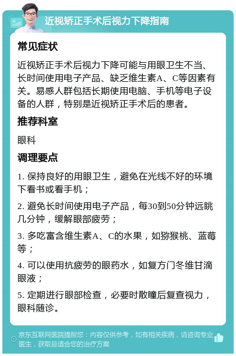 近视矫正手术后视力下降指南 常见症状 近视矫正手术后视力下降可能与用眼卫生不当、长时间使用电子产品、缺乏维生素A、C等因素有关。易感人群包括长期使用电脑、手机等电子设备的人群，特别是近视矫正手术后的患者。 推荐科室 眼科 调理要点 1. 保持良好的用眼卫生，避免在光线不好的环境下看书或看手机； 2. 避免长时间使用电子产品，每30到50分钟远眺几分钟，缓解眼部疲劳； 3. 多吃富含维生素A、C的水果，如猕猴桃、蓝莓等； 4. 可以使用抗疲劳的眼药水，如复方门冬维甘滴眼液； 5. 定期进行眼部检查，必要时散瞳后复查视力，眼科随诊。