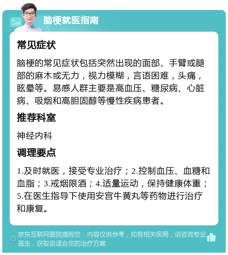 脑梗就医指南 常见症状 脑梗的常见症状包括突然出现的面部、手臂或腿部的麻木或无力，视力模糊，言语困难，头痛，眩晕等。易感人群主要是高血压、糖尿病、心脏病、吸烟和高胆固醇等慢性疾病患者。 推荐科室 神经内科 调理要点 1.及时就医，接受专业治疗；2.控制血压、血糖和血脂；3.戒烟限酒；4.适量运动，保持健康体重；5.在医生指导下使用安宫牛黄丸等药物进行治疗和康复。