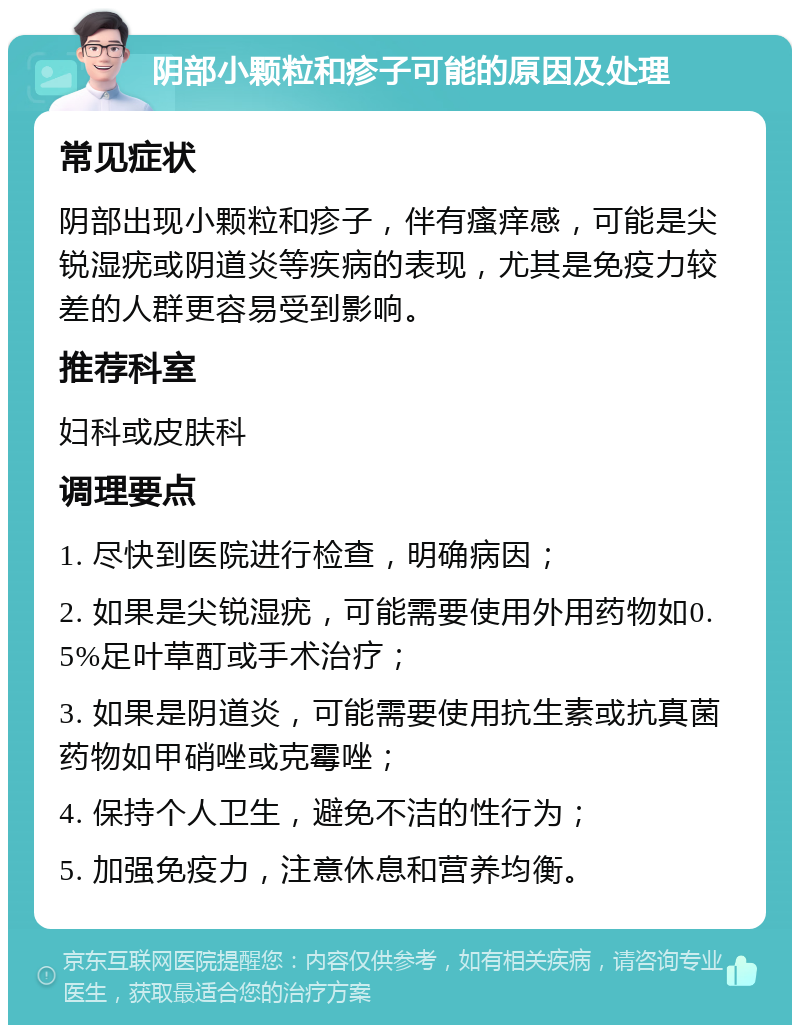 阴部小颗粒和疹子可能的原因及处理 常见症状 阴部出现小颗粒和疹子，伴有瘙痒感，可能是尖锐湿疣或阴道炎等疾病的表现，尤其是免疫力较差的人群更容易受到影响。 推荐科室 妇科或皮肤科 调理要点 1. 尽快到医院进行检查，明确病因； 2. 如果是尖锐湿疣，可能需要使用外用药物如0.5%足叶草酊或手术治疗； 3. 如果是阴道炎，可能需要使用抗生素或抗真菌药物如甲硝唑或克霉唑； 4. 保持个人卫生，避免不洁的性行为； 5. 加强免疫力，注意休息和营养均衡。