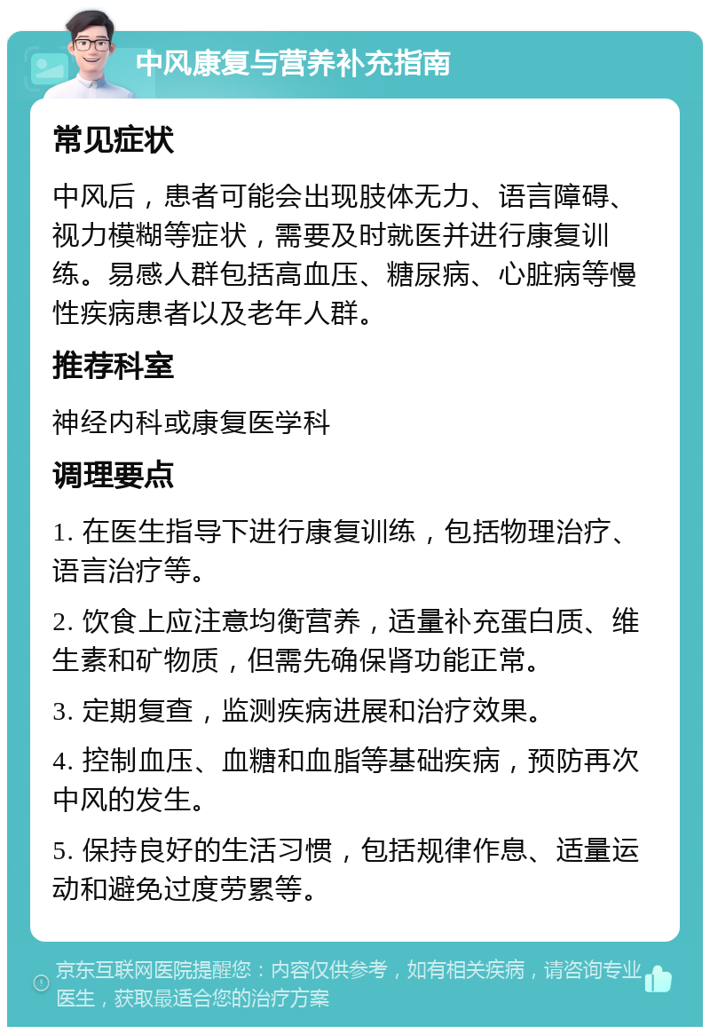 中风康复与营养补充指南 常见症状 中风后，患者可能会出现肢体无力、语言障碍、视力模糊等症状，需要及时就医并进行康复训练。易感人群包括高血压、糖尿病、心脏病等慢性疾病患者以及老年人群。 推荐科室 神经内科或康复医学科 调理要点 1. 在医生指导下进行康复训练，包括物理治疗、语言治疗等。 2. 饮食上应注意均衡营养，适量补充蛋白质、维生素和矿物质，但需先确保肾功能正常。 3. 定期复查，监测疾病进展和治疗效果。 4. 控制血压、血糖和血脂等基础疾病，预防再次中风的发生。 5. 保持良好的生活习惯，包括规律作息、适量运动和避免过度劳累等。