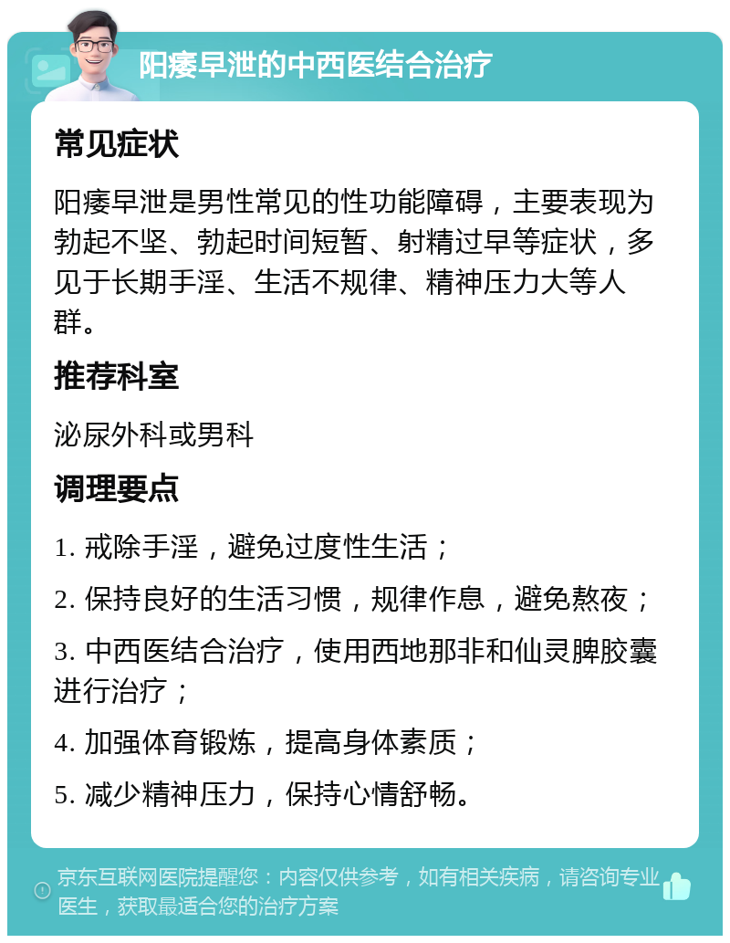 阳痿早泄的中西医结合治疗 常见症状 阳痿早泄是男性常见的性功能障碍，主要表现为勃起不坚、勃起时间短暂、射精过早等症状，多见于长期手淫、生活不规律、精神压力大等人群。 推荐科室 泌尿外科或男科 调理要点 1. 戒除手淫，避免过度性生活； 2. 保持良好的生活习惯，规律作息，避免熬夜； 3. 中西医结合治疗，使用西地那非和仙灵脾胶囊进行治疗； 4. 加强体育锻炼，提高身体素质； 5. 减少精神压力，保持心情舒畅。