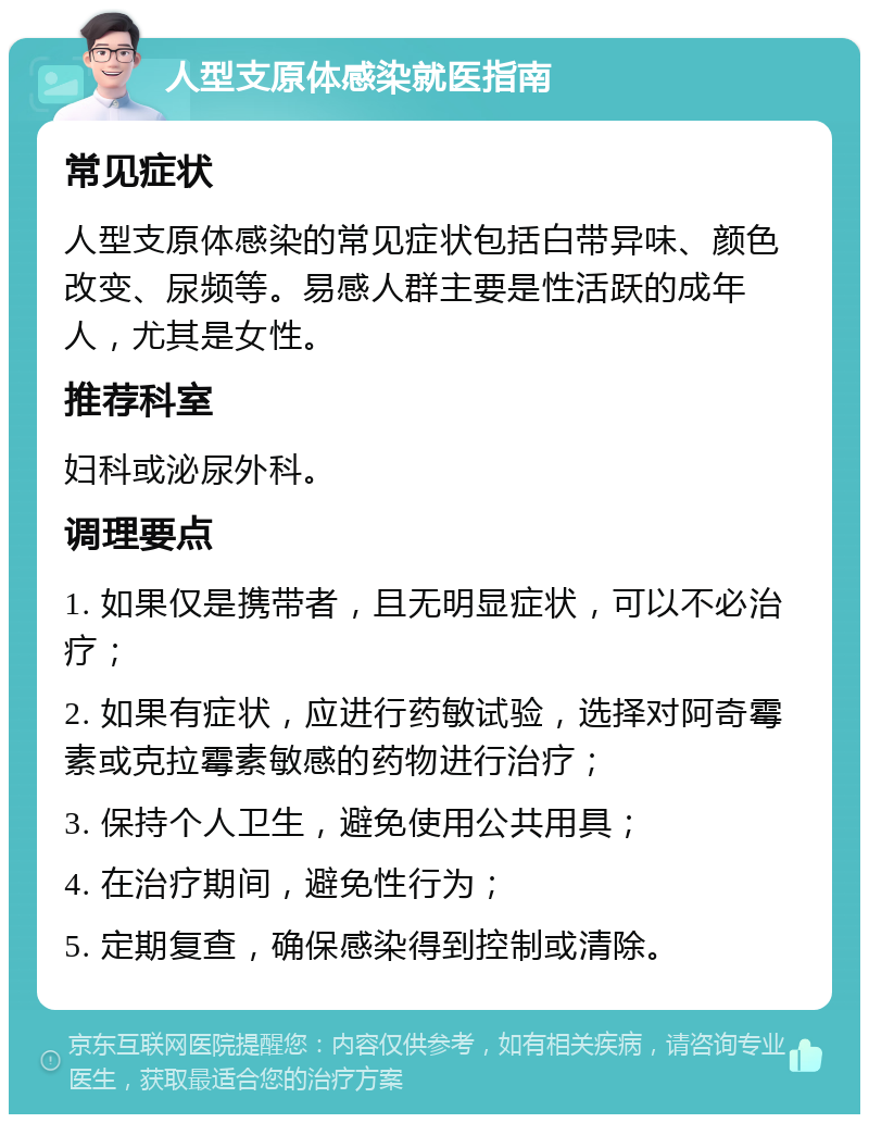 人型支原体感染就医指南 常见症状 人型支原体感染的常见症状包括白带异味、颜色改变、尿频等。易感人群主要是性活跃的成年人，尤其是女性。 推荐科室 妇科或泌尿外科。 调理要点 1. 如果仅是携带者，且无明显症状，可以不必治疗； 2. 如果有症状，应进行药敏试验，选择对阿奇霉素或克拉霉素敏感的药物进行治疗； 3. 保持个人卫生，避免使用公共用具； 4. 在治疗期间，避免性行为； 5. 定期复查，确保感染得到控制或清除。