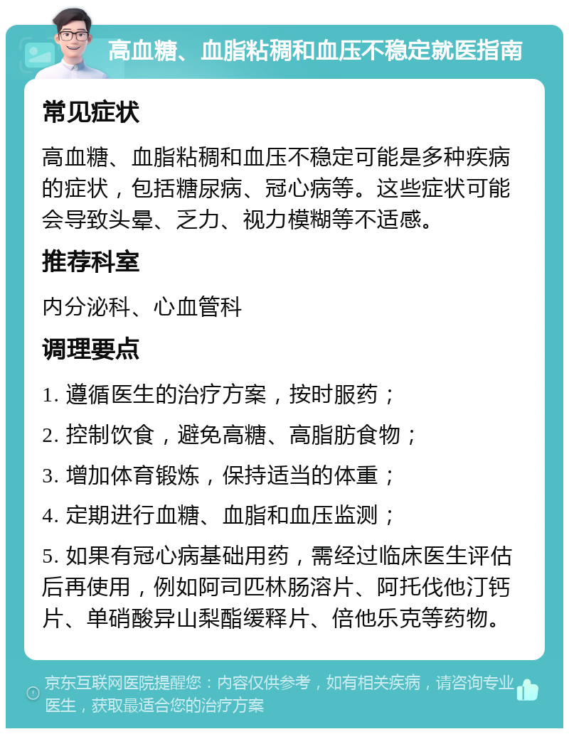 高血糖、血脂粘稠和血压不稳定就医指南 常见症状 高血糖、血脂粘稠和血压不稳定可能是多种疾病的症状，包括糖尿病、冠心病等。这些症状可能会导致头晕、乏力、视力模糊等不适感。 推荐科室 内分泌科、心血管科 调理要点 1. 遵循医生的治疗方案，按时服药； 2. 控制饮食，避免高糖、高脂肪食物； 3. 增加体育锻炼，保持适当的体重； 4. 定期进行血糖、血脂和血压监测； 5. 如果有冠心病基础用药，需经过临床医生评估后再使用，例如阿司匹林肠溶片、阿托伐他汀钙片、单硝酸异山梨酯缓释片、倍他乐克等药物。