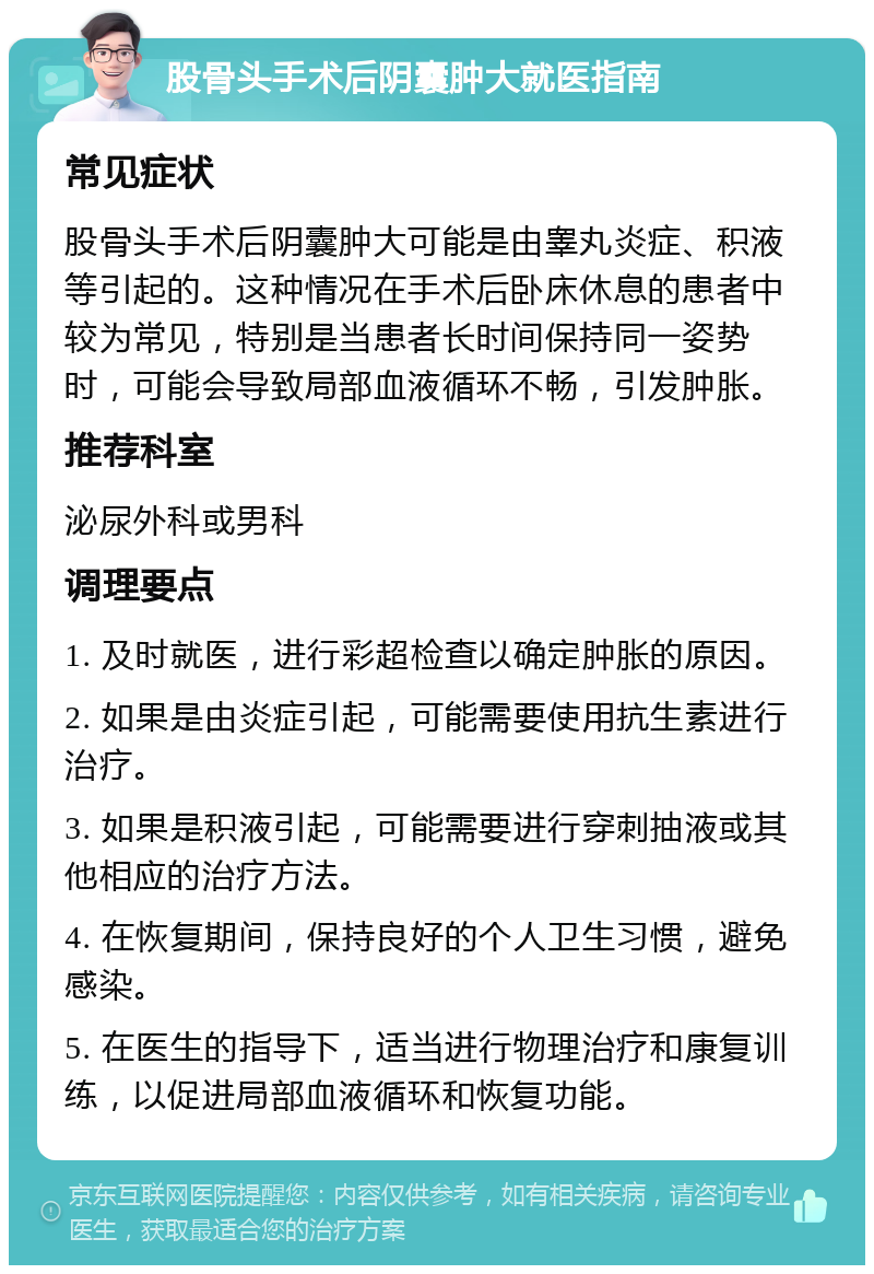 股骨头手术后阴囊肿大就医指南 常见症状 股骨头手术后阴囊肿大可能是由睾丸炎症、积液等引起的。这种情况在手术后卧床休息的患者中较为常见，特别是当患者长时间保持同一姿势时，可能会导致局部血液循环不畅，引发肿胀。 推荐科室 泌尿外科或男科 调理要点 1. 及时就医，进行彩超检查以确定肿胀的原因。 2. 如果是由炎症引起，可能需要使用抗生素进行治疗。 3. 如果是积液引起，可能需要进行穿刺抽液或其他相应的治疗方法。 4. 在恢复期间，保持良好的个人卫生习惯，避免感染。 5. 在医生的指导下，适当进行物理治疗和康复训练，以促进局部血液循环和恢复功能。