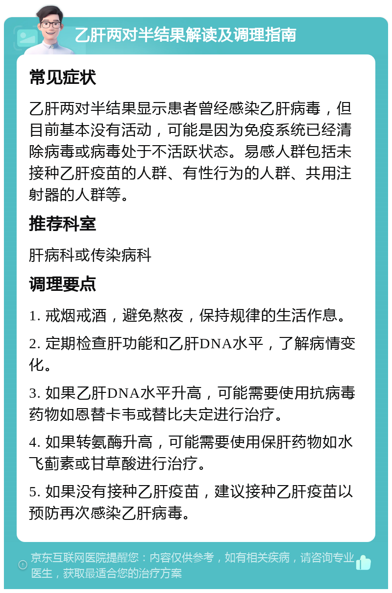 乙肝两对半结果解读及调理指南 常见症状 乙肝两对半结果显示患者曾经感染乙肝病毒，但目前基本没有活动，可能是因为免疫系统已经清除病毒或病毒处于不活跃状态。易感人群包括未接种乙肝疫苗的人群、有性行为的人群、共用注射器的人群等。 推荐科室 肝病科或传染病科 调理要点 1. 戒烟戒酒，避免熬夜，保持规律的生活作息。 2. 定期检查肝功能和乙肝DNA水平，了解病情变化。 3. 如果乙肝DNA水平升高，可能需要使用抗病毒药物如恩替卡韦或替比夫定进行治疗。 4. 如果转氨酶升高，可能需要使用保肝药物如水飞蓟素或甘草酸进行治疗。 5. 如果没有接种乙肝疫苗，建议接种乙肝疫苗以预防再次感染乙肝病毒。