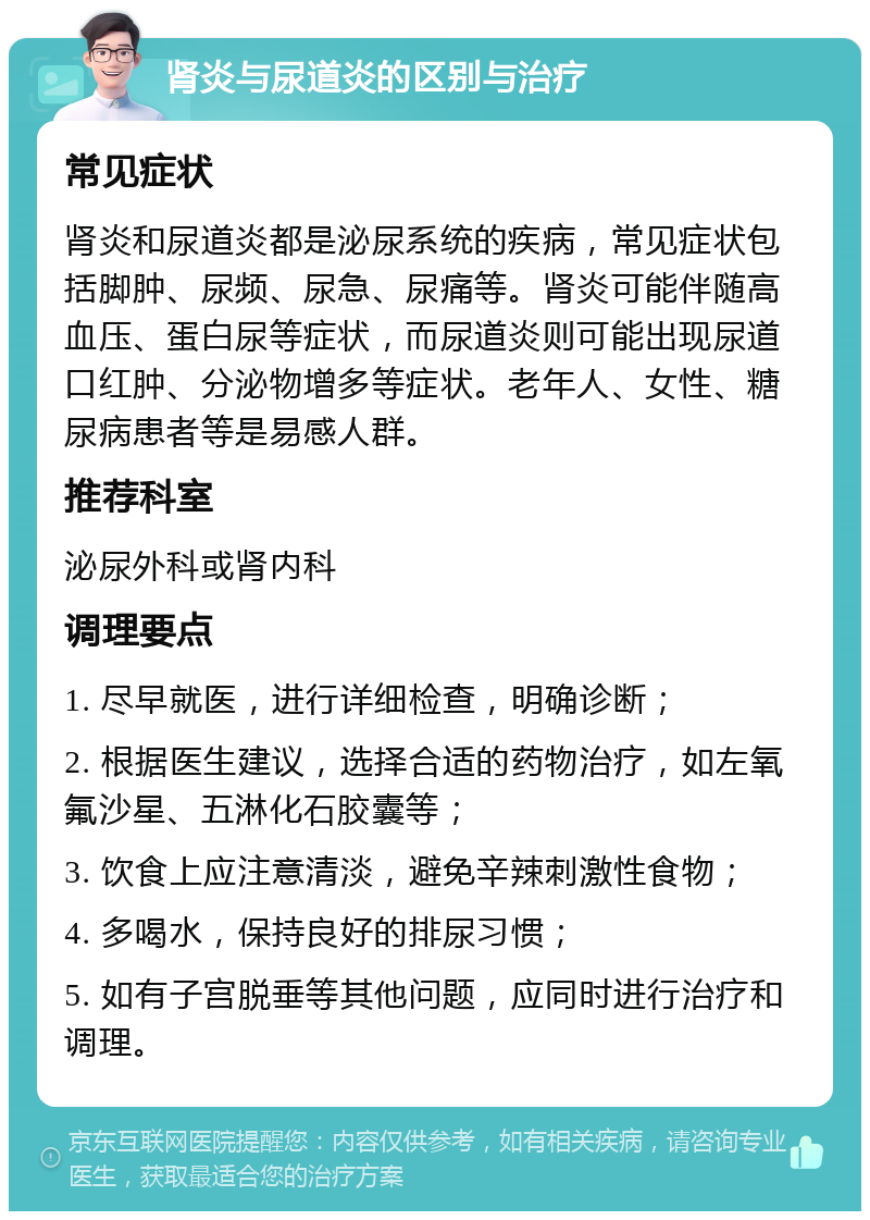 肾炎与尿道炎的区别与治疗 常见症状 肾炎和尿道炎都是泌尿系统的疾病，常见症状包括脚肿、尿频、尿急、尿痛等。肾炎可能伴随高血压、蛋白尿等症状，而尿道炎则可能出现尿道口红肿、分泌物增多等症状。老年人、女性、糖尿病患者等是易感人群。 推荐科室 泌尿外科或肾内科 调理要点 1. 尽早就医，进行详细检查，明确诊断； 2. 根据医生建议，选择合适的药物治疗，如左氧氟沙星、五淋化石胶囊等； 3. 饮食上应注意清淡，避免辛辣刺激性食物； 4. 多喝水，保持良好的排尿习惯； 5. 如有子宫脱垂等其他问题，应同时进行治疗和调理。