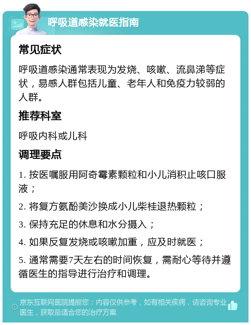 呼吸道感染就医指南 常见症状 呼吸道感染通常表现为发烧、咳嗽、流鼻涕等症状，易感人群包括儿童、老年人和免疫力较弱的人群。 推荐科室 呼吸内科或儿科 调理要点 1. 按医嘱服用阿奇霉素颗粒和小儿消积止咳口服液； 2. 将复方氨酚美沙换成小儿柴桂退热颗粒； 3. 保持充足的休息和水分摄入； 4. 如果反复发烧或咳嗽加重，应及时就医； 5. 通常需要7天左右的时间恢复，需耐心等待并遵循医生的指导进行治疗和调理。