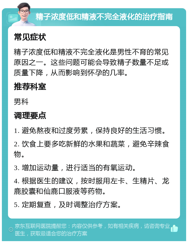 精子浓度低和精液不完全液化的治疗指南 常见症状 精子浓度低和精液不完全液化是男性不育的常见原因之一。这些问题可能会导致精子数量不足或质量下降，从而影响到怀孕的几率。 推荐科室 男科 调理要点 1. 避免熬夜和过度劳累，保持良好的生活习惯。 2. 饮食上要多吃新鲜的水果和蔬菜，避免辛辣食物。 3. 增加运动量，进行适当的有氧运动。 4. 根据医生的建议，按时服用左卡、生精片、龙鹿胶囊和仙鹿口服液等药物。 5. 定期复查，及时调整治疗方案。