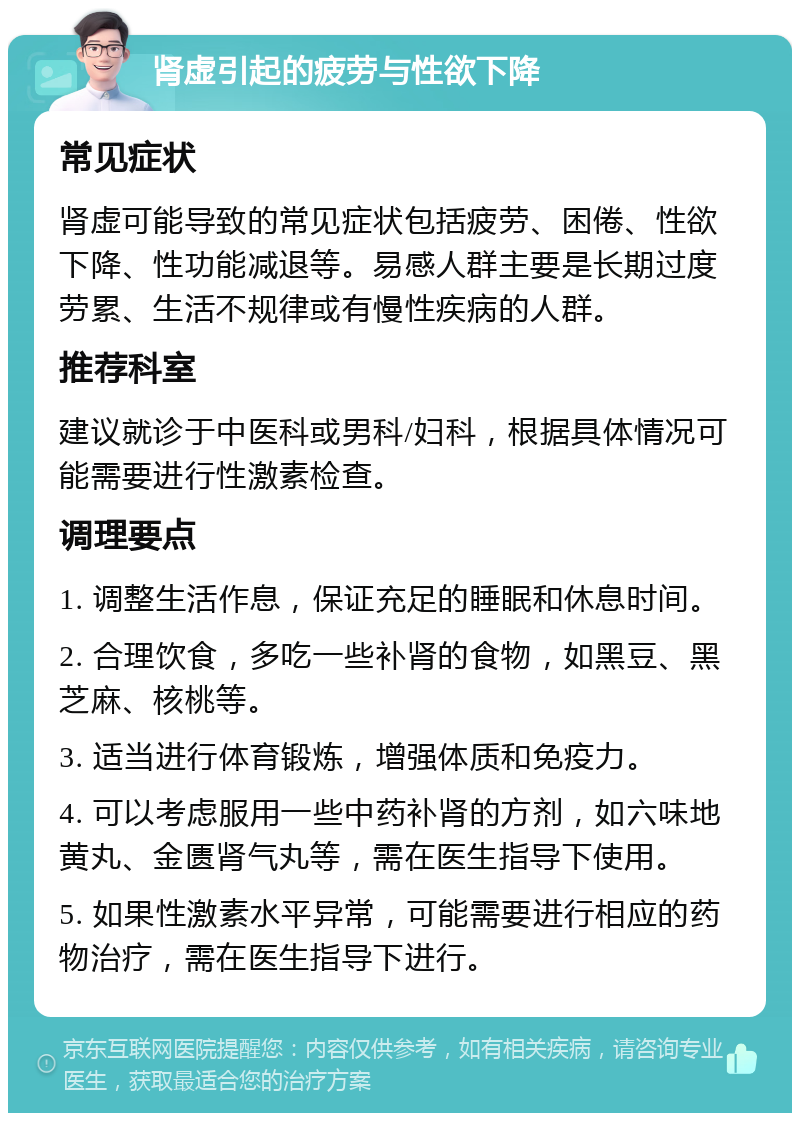 肾虚引起的疲劳与性欲下降 常见症状 肾虚可能导致的常见症状包括疲劳、困倦、性欲下降、性功能减退等。易感人群主要是长期过度劳累、生活不规律或有慢性疾病的人群。 推荐科室 建议就诊于中医科或男科/妇科，根据具体情况可能需要进行性激素检查。 调理要点 1. 调整生活作息，保证充足的睡眠和休息时间。 2. 合理饮食，多吃一些补肾的食物，如黑豆、黑芝麻、核桃等。 3. 适当进行体育锻炼，增强体质和免疫力。 4. 可以考虑服用一些中药补肾的方剂，如六味地黄丸、金匮肾气丸等，需在医生指导下使用。 5. 如果性激素水平异常，可能需要进行相应的药物治疗，需在医生指导下进行。