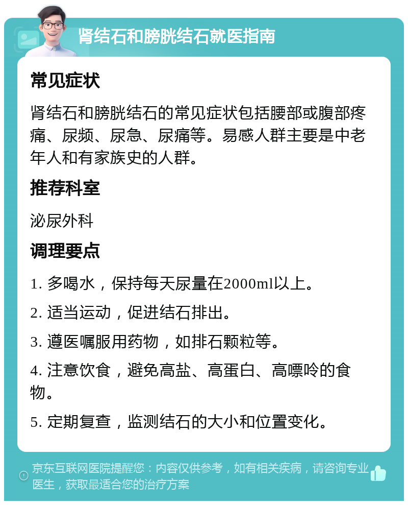 肾结石和膀胱结石就医指南 常见症状 肾结石和膀胱结石的常见症状包括腰部或腹部疼痛、尿频、尿急、尿痛等。易感人群主要是中老年人和有家族史的人群。 推荐科室 泌尿外科 调理要点 1. 多喝水，保持每天尿量在2000ml以上。 2. 适当运动，促进结石排出。 3. 遵医嘱服用药物，如排石颗粒等。 4. 注意饮食，避免高盐、高蛋白、高嘌呤的食物。 5. 定期复查，监测结石的大小和位置变化。