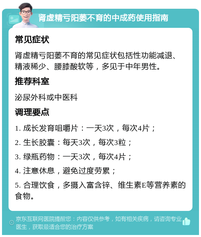 肾虚精亏阳萎不育的中成药使用指南 常见症状 肾虚精亏阳萎不育的常见症状包括性功能减退、精液稀少、腰膝酸软等，多见于中年男性。 推荐科室 泌尿外科或中医科 调理要点 1. 成长发育咀嚼片：一天3次，每次4片； 2. 生长胶囊：每天3次，每次3粒； 3. 绿瓶药物：一天3次，每次4片； 4. 注意休息，避免过度劳累； 5. 合理饮食，多摄入富含锌、维生素E等营养素的食物。