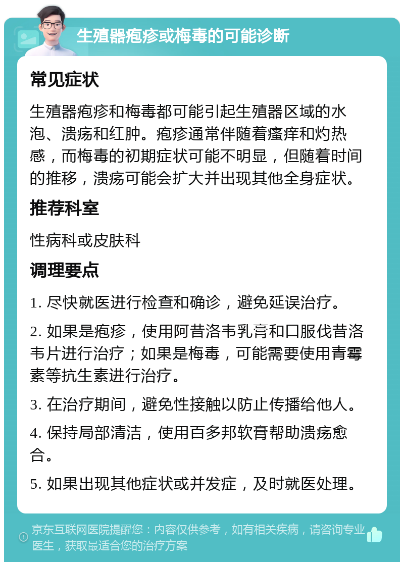 生殖器疱疹或梅毒的可能诊断 常见症状 生殖器疱疹和梅毒都可能引起生殖器区域的水泡、溃疡和红肿。疱疹通常伴随着瘙痒和灼热感，而梅毒的初期症状可能不明显，但随着时间的推移，溃疡可能会扩大并出现其他全身症状。 推荐科室 性病科或皮肤科 调理要点 1. 尽快就医进行检查和确诊，避免延误治疗。 2. 如果是疱疹，使用阿昔洛韦乳膏和口服伐昔洛韦片进行治疗；如果是梅毒，可能需要使用青霉素等抗生素进行治疗。 3. 在治疗期间，避免性接触以防止传播给他人。 4. 保持局部清洁，使用百多邦软膏帮助溃疡愈合。 5. 如果出现其他症状或并发症，及时就医处理。