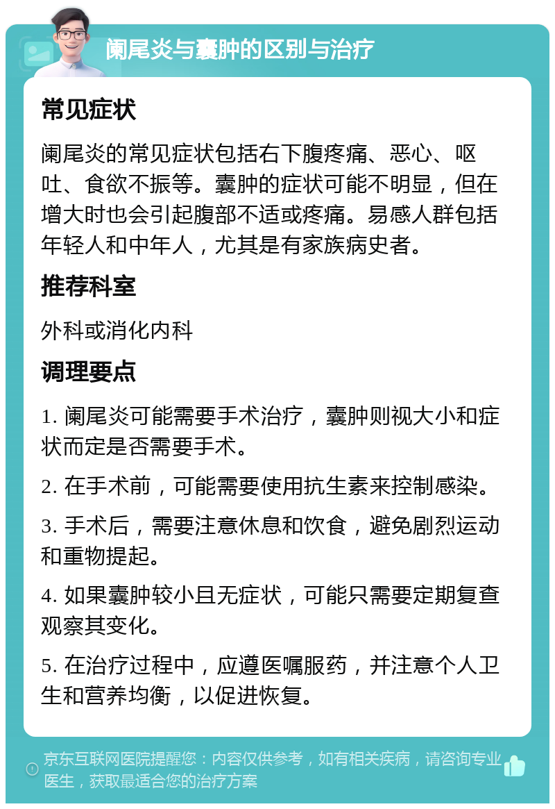 阑尾炎与囊肿的区别与治疗 常见症状 阑尾炎的常见症状包括右下腹疼痛、恶心、呕吐、食欲不振等。囊肿的症状可能不明显，但在增大时也会引起腹部不适或疼痛。易感人群包括年轻人和中年人，尤其是有家族病史者。 推荐科室 外科或消化内科 调理要点 1. 阑尾炎可能需要手术治疗，囊肿则视大小和症状而定是否需要手术。 2. 在手术前，可能需要使用抗生素来控制感染。 3. 手术后，需要注意休息和饮食，避免剧烈运动和重物提起。 4. 如果囊肿较小且无症状，可能只需要定期复查观察其变化。 5. 在治疗过程中，应遵医嘱服药，并注意个人卫生和营养均衡，以促进恢复。