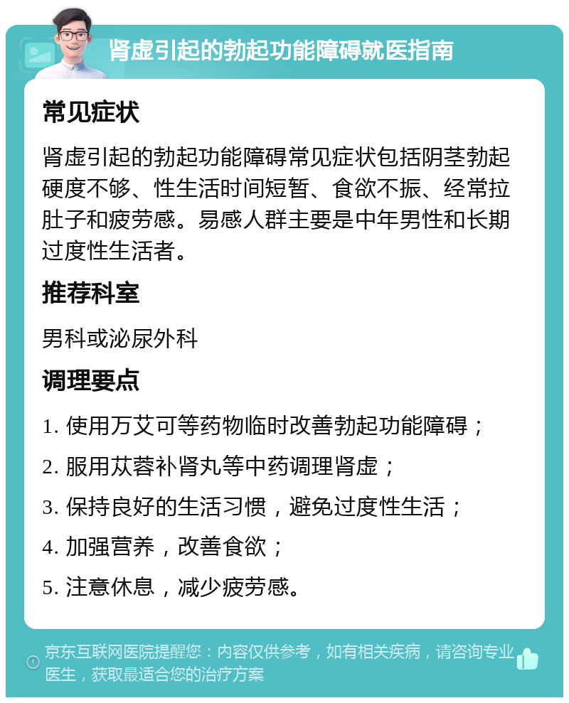 肾虚引起的勃起功能障碍就医指南 常见症状 肾虚引起的勃起功能障碍常见症状包括阴茎勃起硬度不够、性生活时间短暂、食欲不振、经常拉肚子和疲劳感。易感人群主要是中年男性和长期过度性生活者。 推荐科室 男科或泌尿外科 调理要点 1. 使用万艾可等药物临时改善勃起功能障碍； 2. 服用苁蓉补肾丸等中药调理肾虚； 3. 保持良好的生活习惯，避免过度性生活； 4. 加强营养，改善食欲； 5. 注意休息，减少疲劳感。