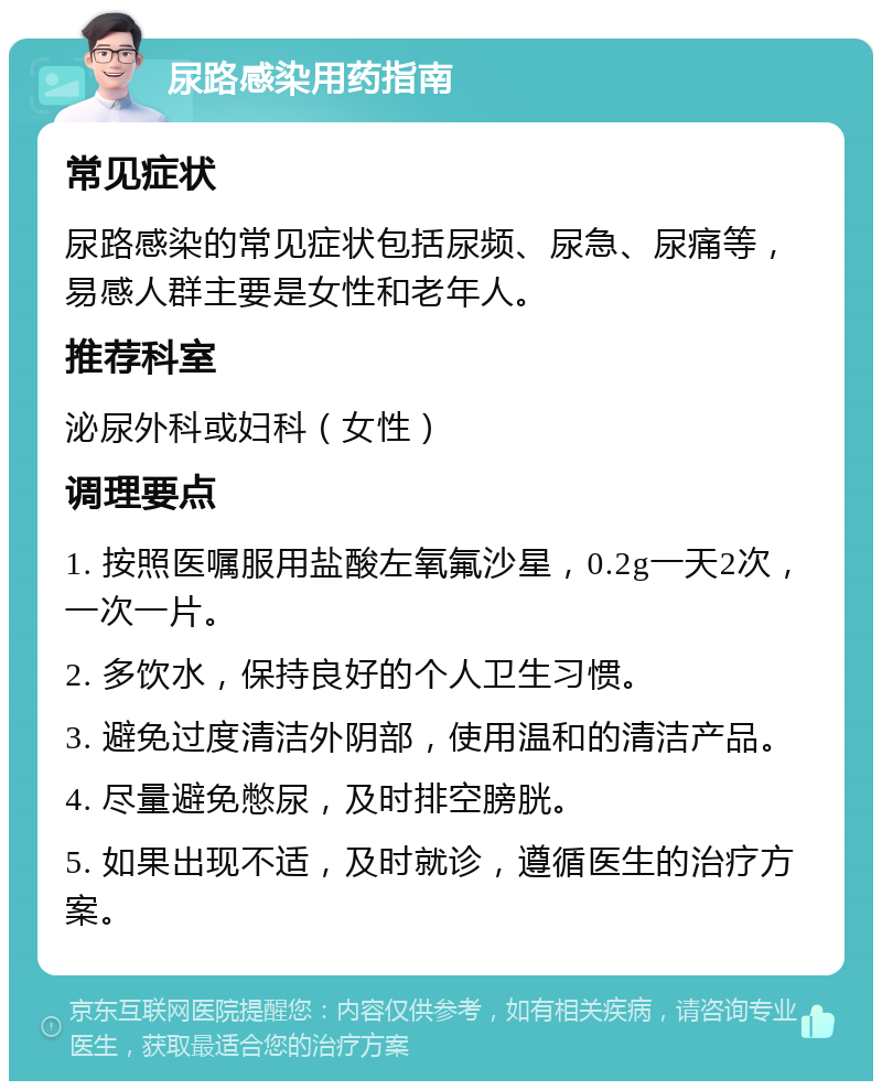 尿路感染用药指南 常见症状 尿路感染的常见症状包括尿频、尿急、尿痛等，易感人群主要是女性和老年人。 推荐科室 泌尿外科或妇科（女性） 调理要点 1. 按照医嘱服用盐酸左氧氟沙星，0.2g一天2次，一次一片。 2. 多饮水，保持良好的个人卫生习惯。 3. 避免过度清洁外阴部，使用温和的清洁产品。 4. 尽量避免憋尿，及时排空膀胱。 5. 如果出现不适，及时就诊，遵循医生的治疗方案。