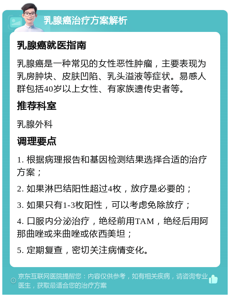 乳腺癌治疗方案解析 乳腺癌就医指南 乳腺癌是一种常见的女性恶性肿瘤，主要表现为乳房肿块、皮肤凹陷、乳头溢液等症状。易感人群包括40岁以上女性、有家族遗传史者等。 推荐科室 乳腺外科 调理要点 1. 根据病理报告和基因检测结果选择合适的治疗方案； 2. 如果淋巴结阳性超过4枚，放疗是必要的； 3. 如果只有1-3枚阳性，可以考虑免除放疗； 4. 口服内分泌治疗，绝经前用TAM，绝经后用阿那曲唑或来曲唑或依西美坦； 5. 定期复查，密切关注病情变化。