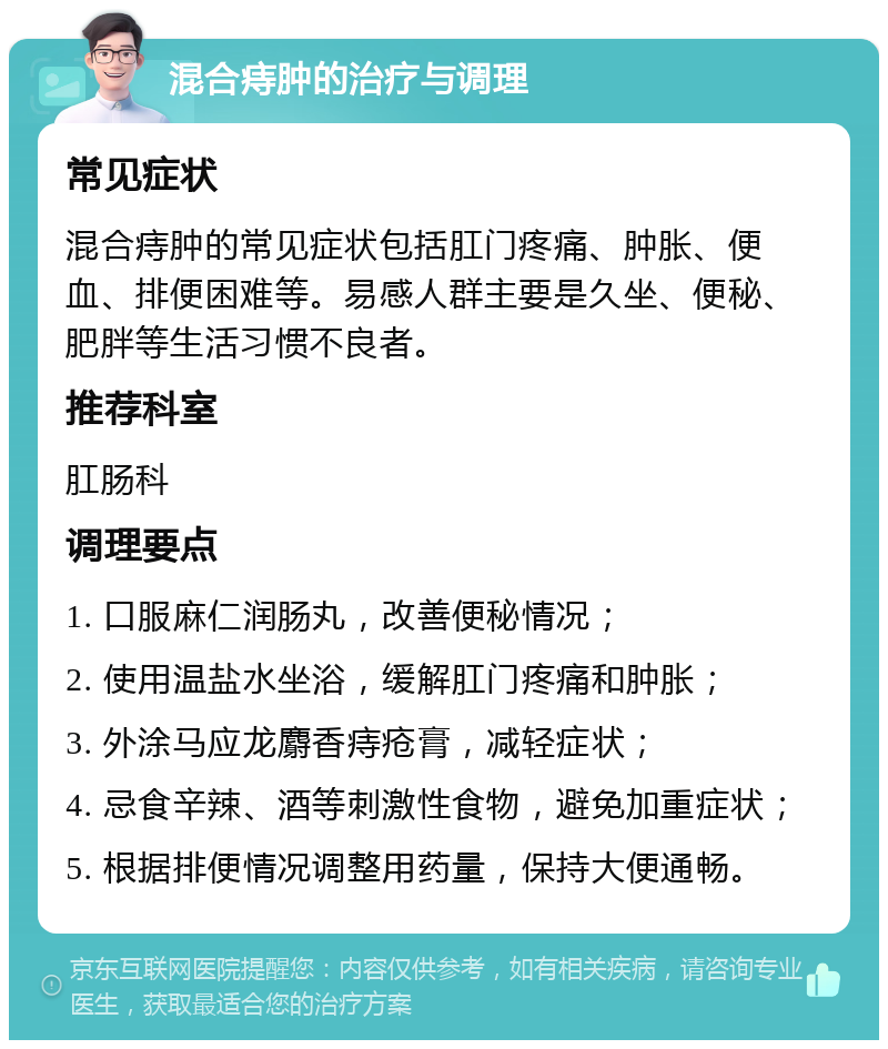 混合痔肿的治疗与调理 常见症状 混合痔肿的常见症状包括肛门疼痛、肿胀、便血、排便困难等。易感人群主要是久坐、便秘、肥胖等生活习惯不良者。 推荐科室 肛肠科 调理要点 1. 口服麻仁润肠丸，改善便秘情况； 2. 使用温盐水坐浴，缓解肛门疼痛和肿胀； 3. 外涂马应龙麝香痔疮膏，减轻症状； 4. 忌食辛辣、酒等刺激性食物，避免加重症状； 5. 根据排便情况调整用药量，保持大便通畅。